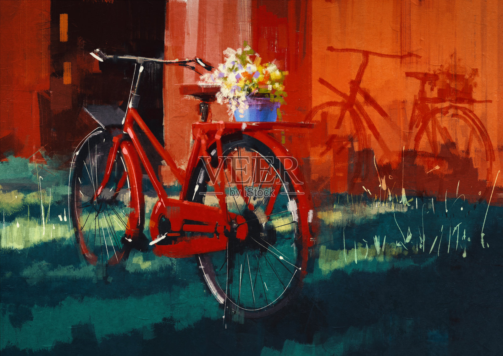 老式自行车和装满鲜花的桶插画图片素材