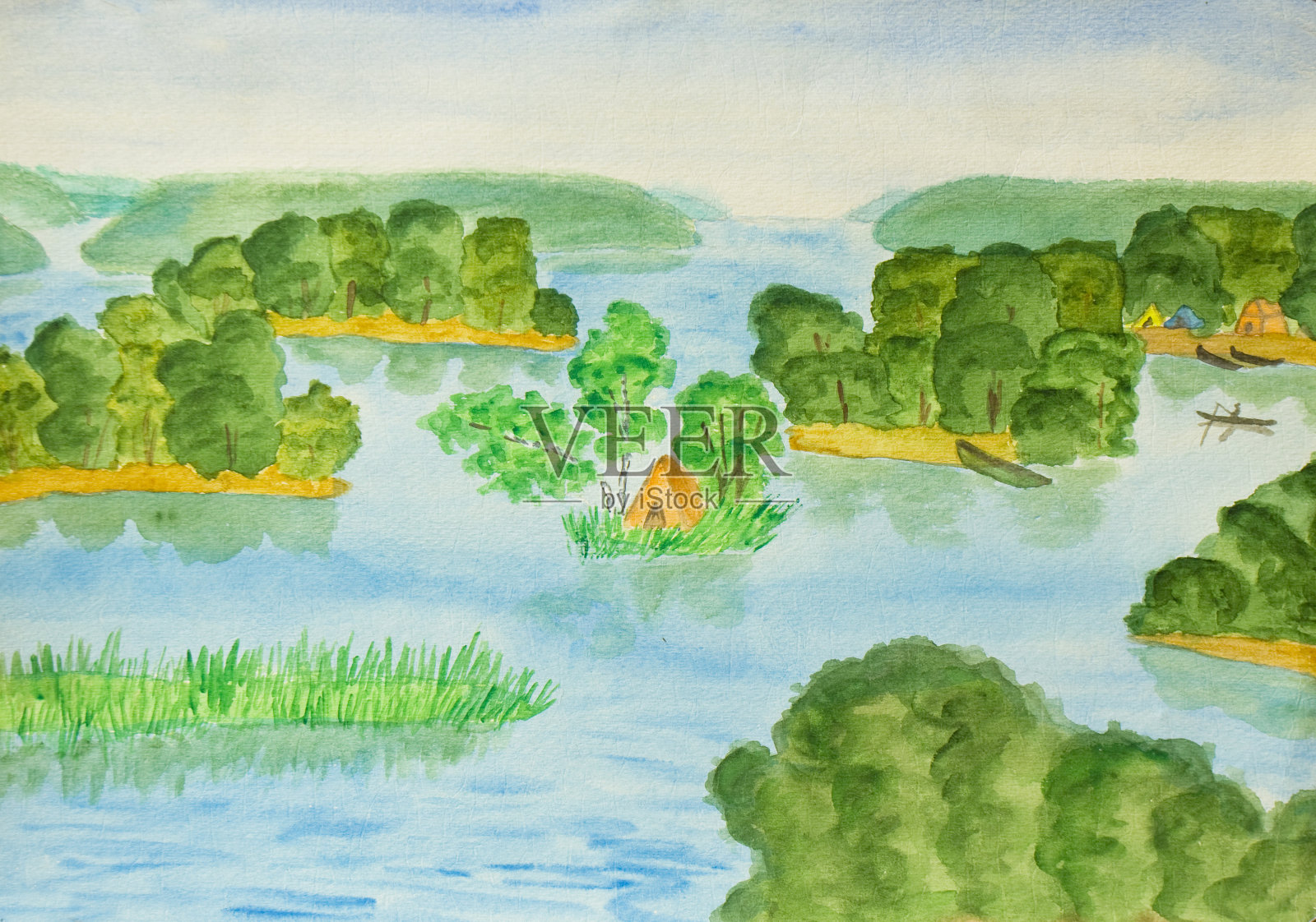 湖与岛，画插画图片素材