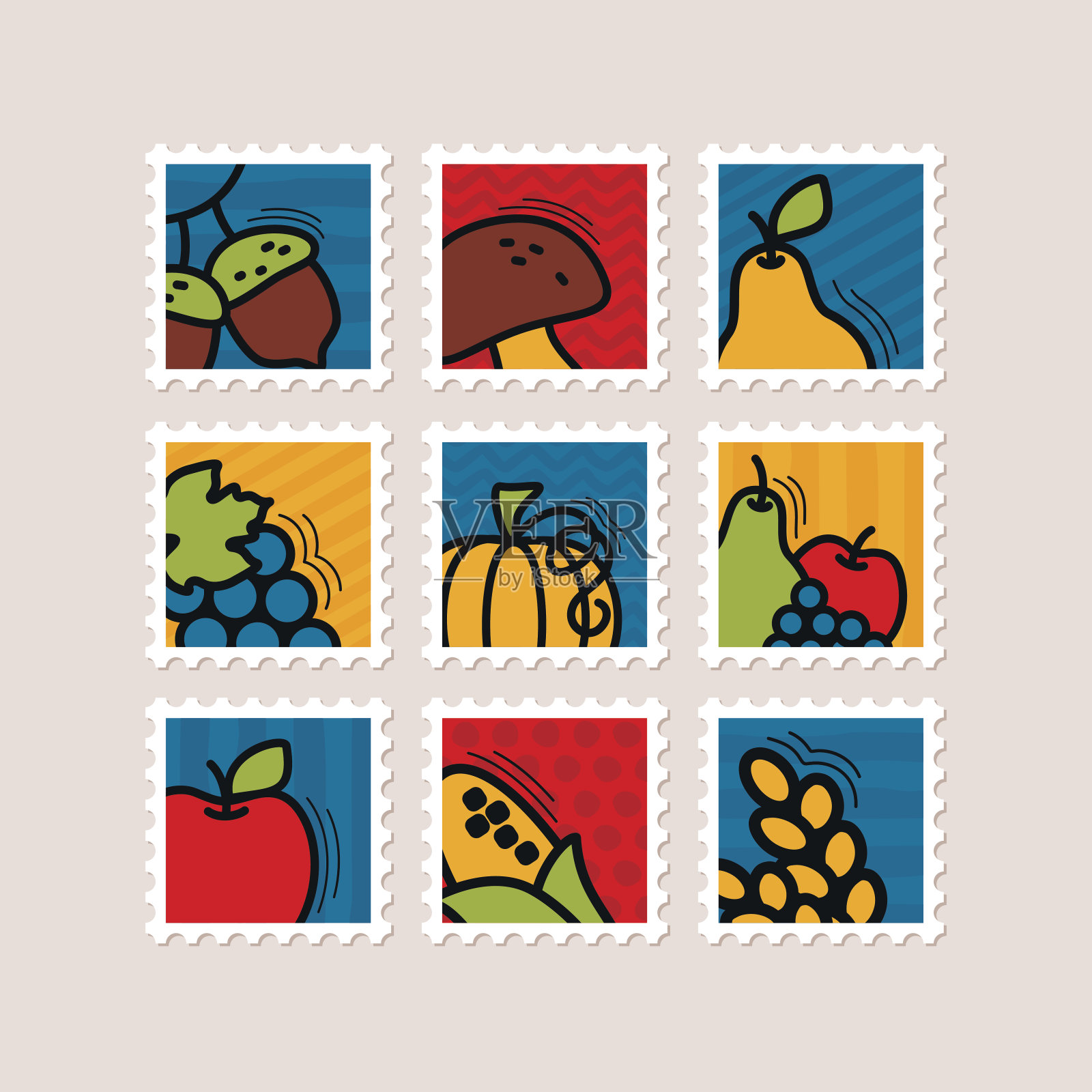 感恩节邮票套装。收获插画图片素材