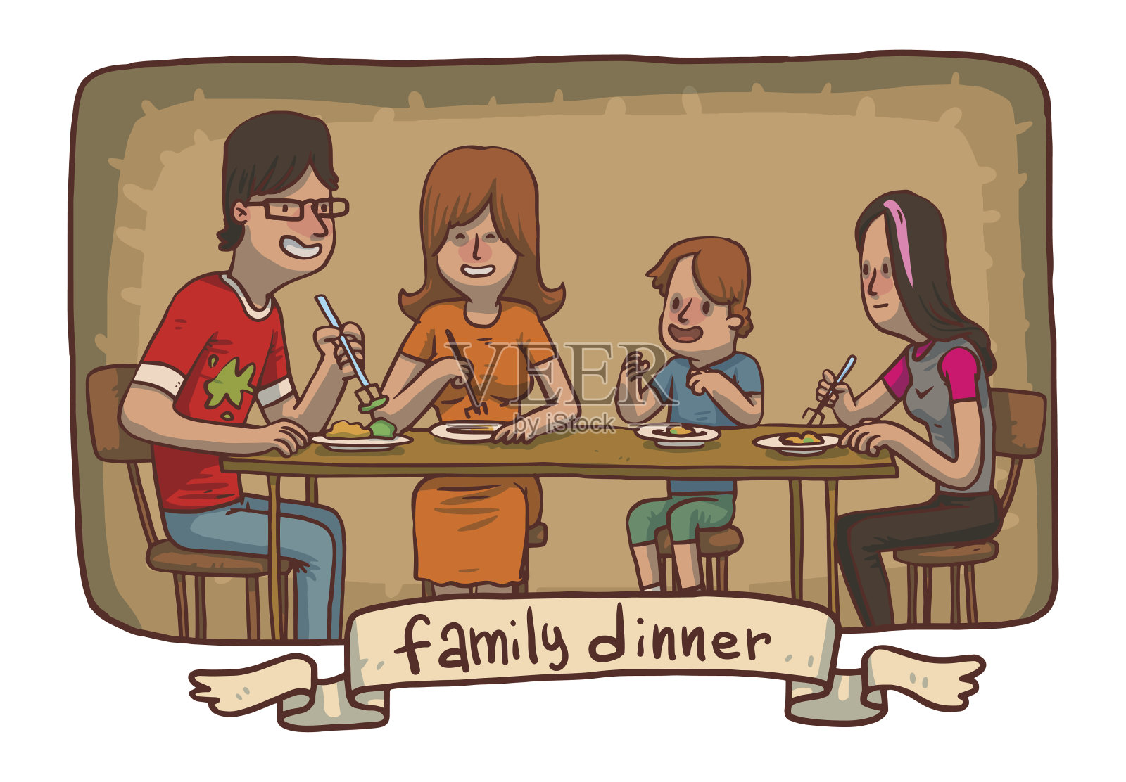 框架家庭晚餐:父亲，母亲，女儿，儿子吃食物设计元素图片
