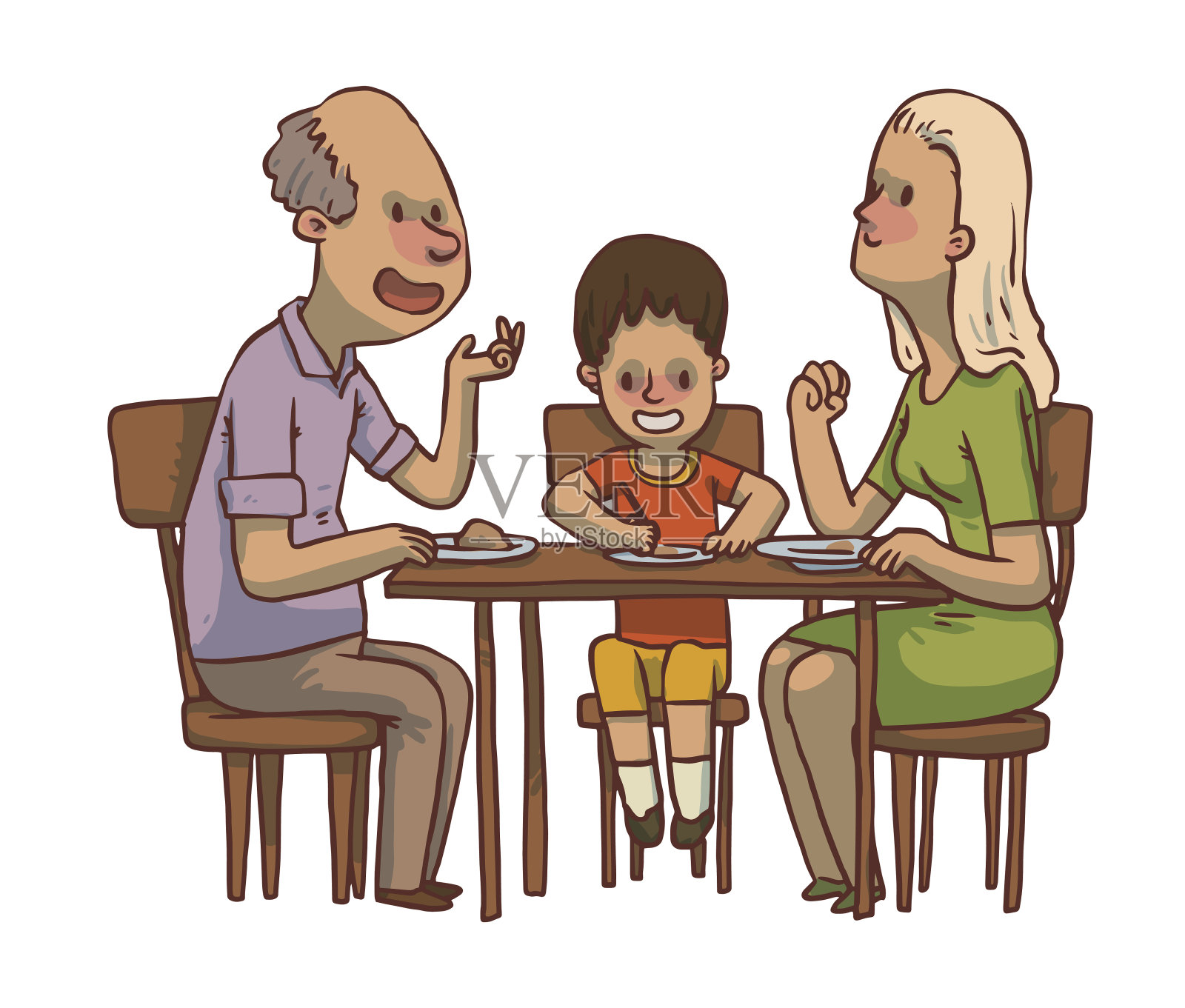 家宴:爷爷、妈妈和儿子吃饭插画图片素材