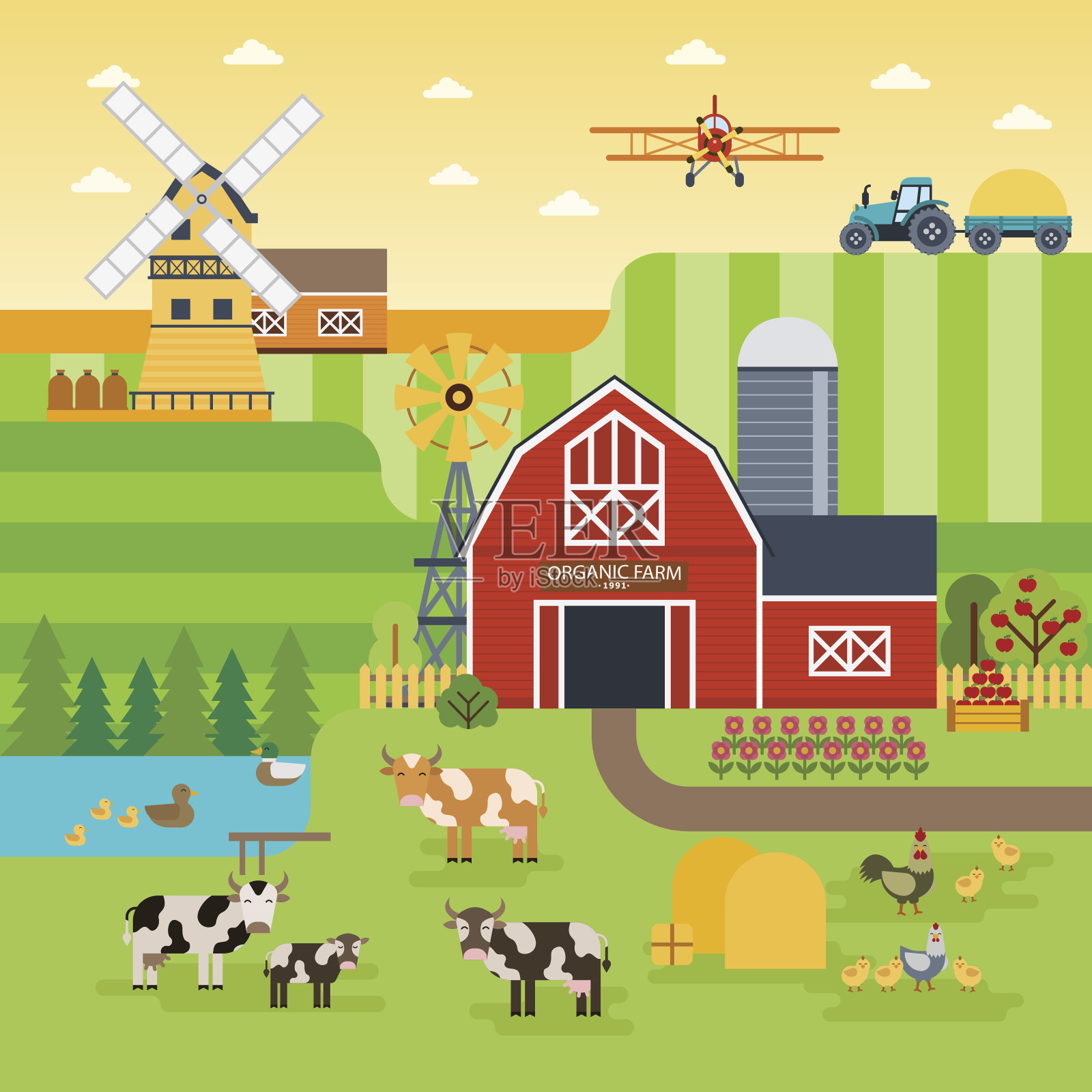 农场平面矢量景观。有机食品理念适用于任何设计。插画图片素材