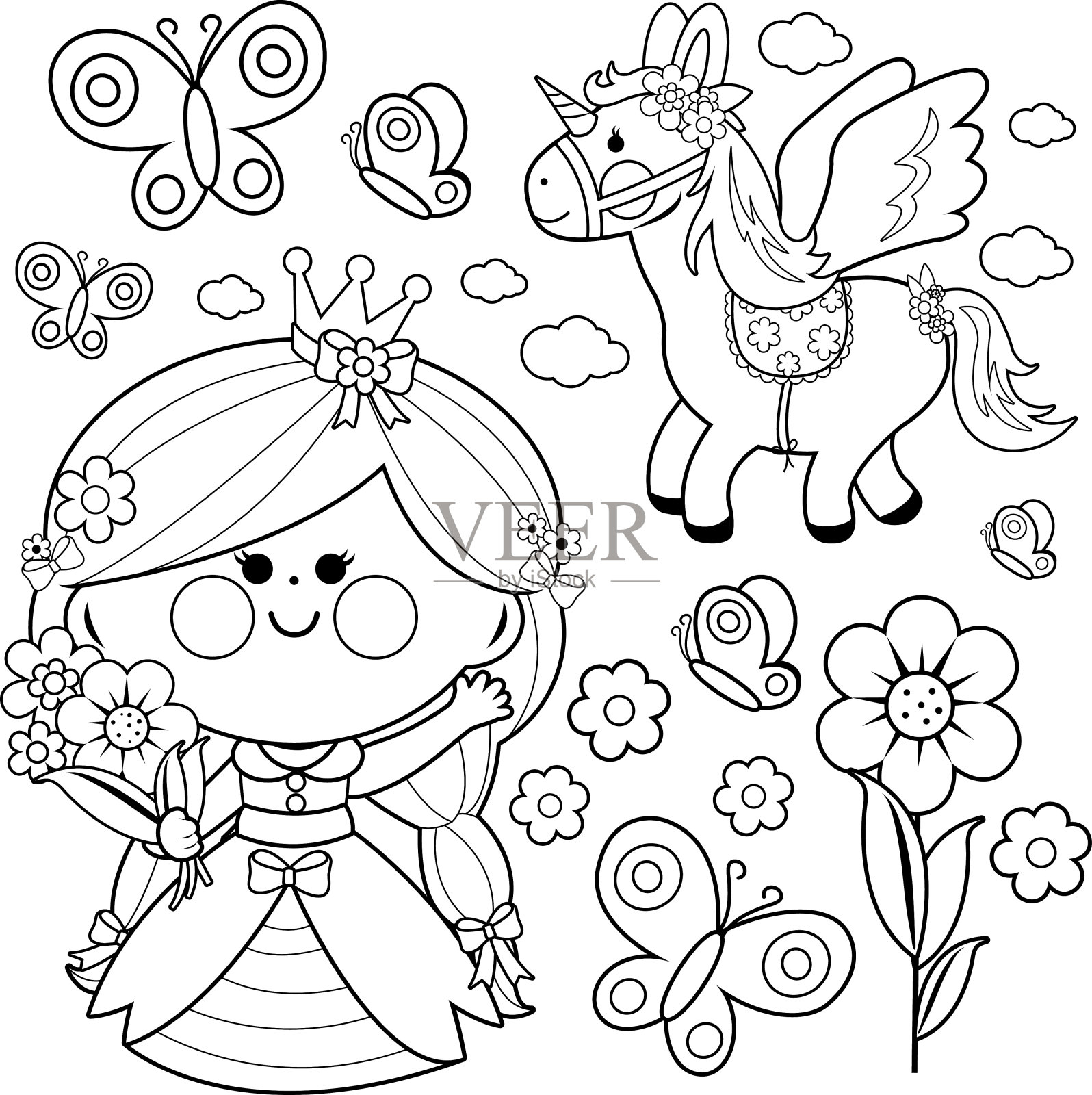 童话公主设置着色页插画图片素材