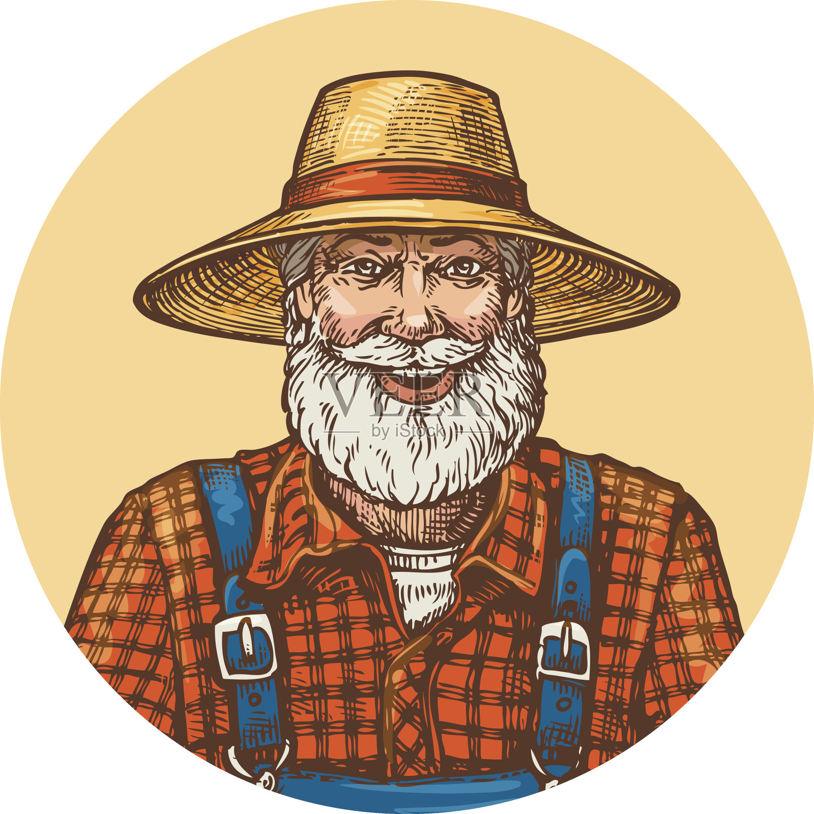 戴着草帽微笑的农民。园丁或养蜂人矢量插图插画图片素材