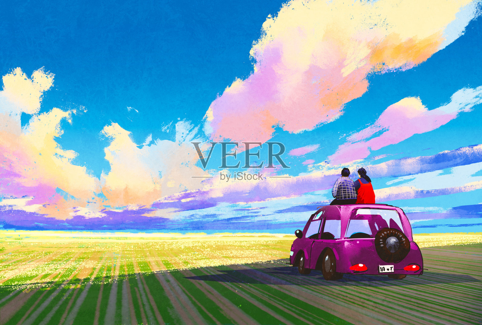 一对年轻的夫妇坐在车里，前面是壮观的风景插画图片素材