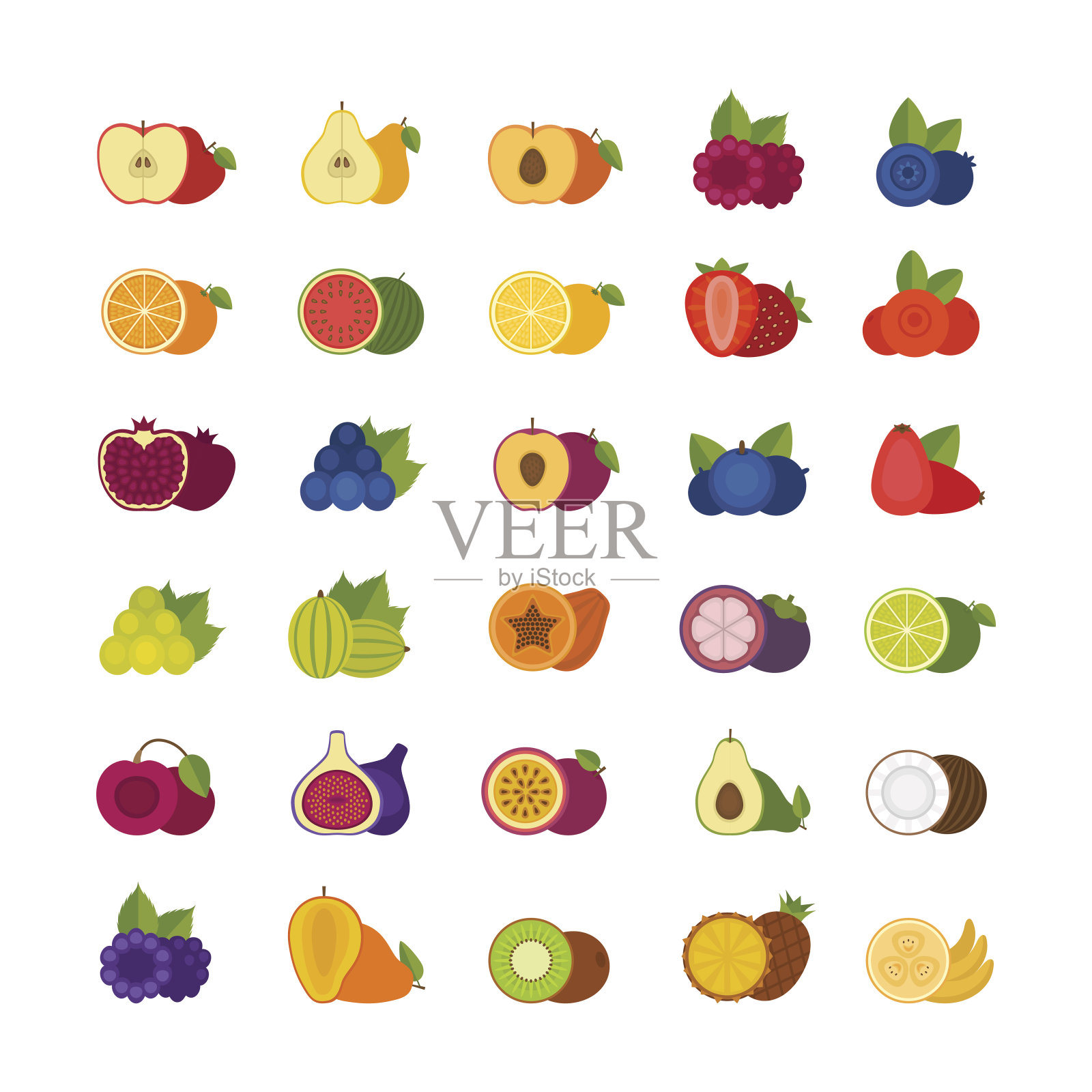水果和浆果图标集。平面风格，矢量插图。图标素材