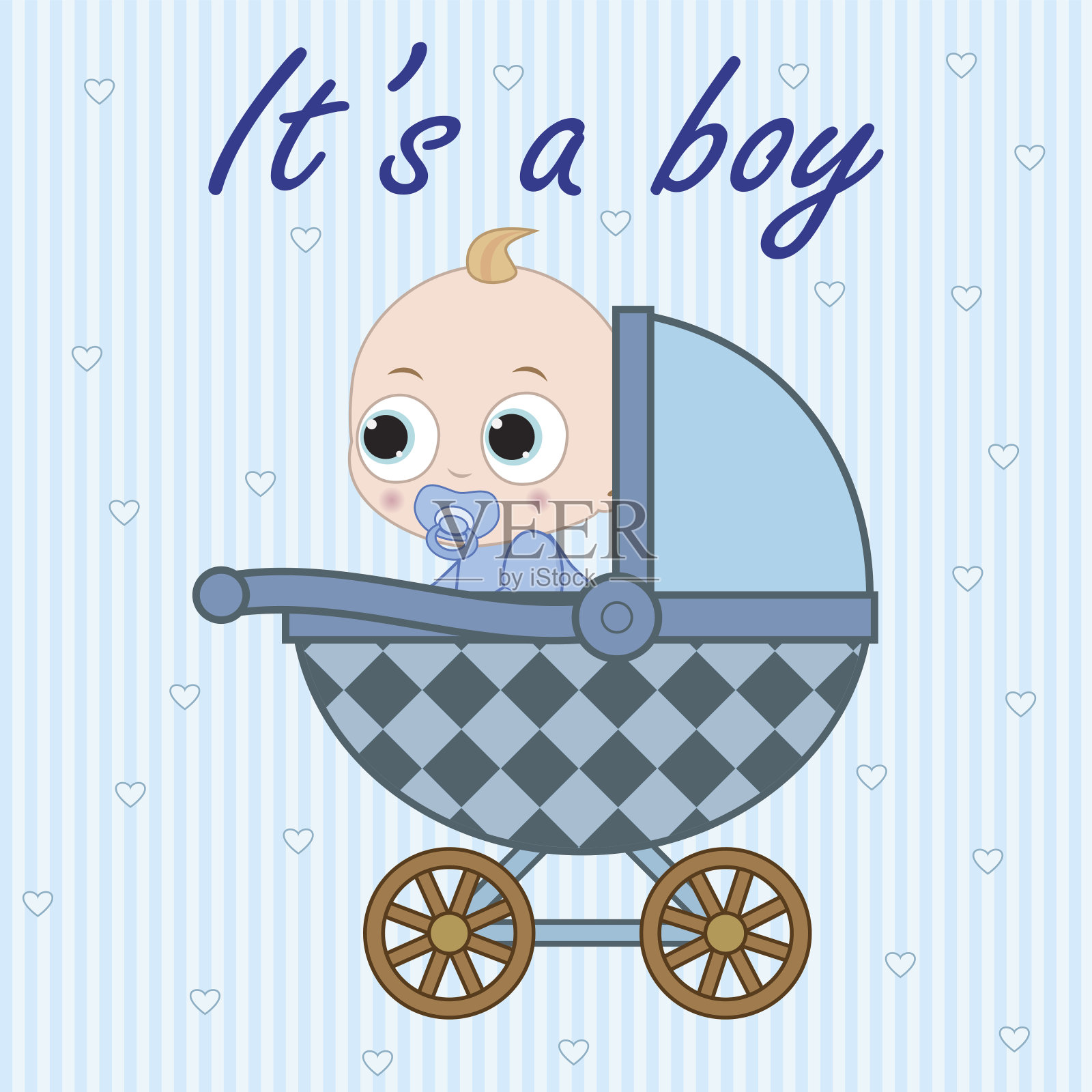 婴儿车里的小男孩插画图片素材