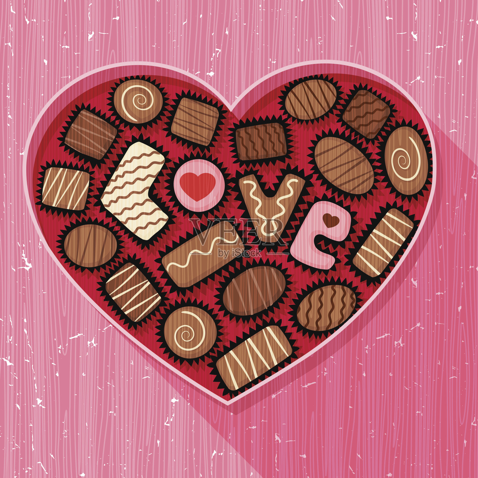 心形的盒子里装着各式各样的巧克力和糖果插画图片素材