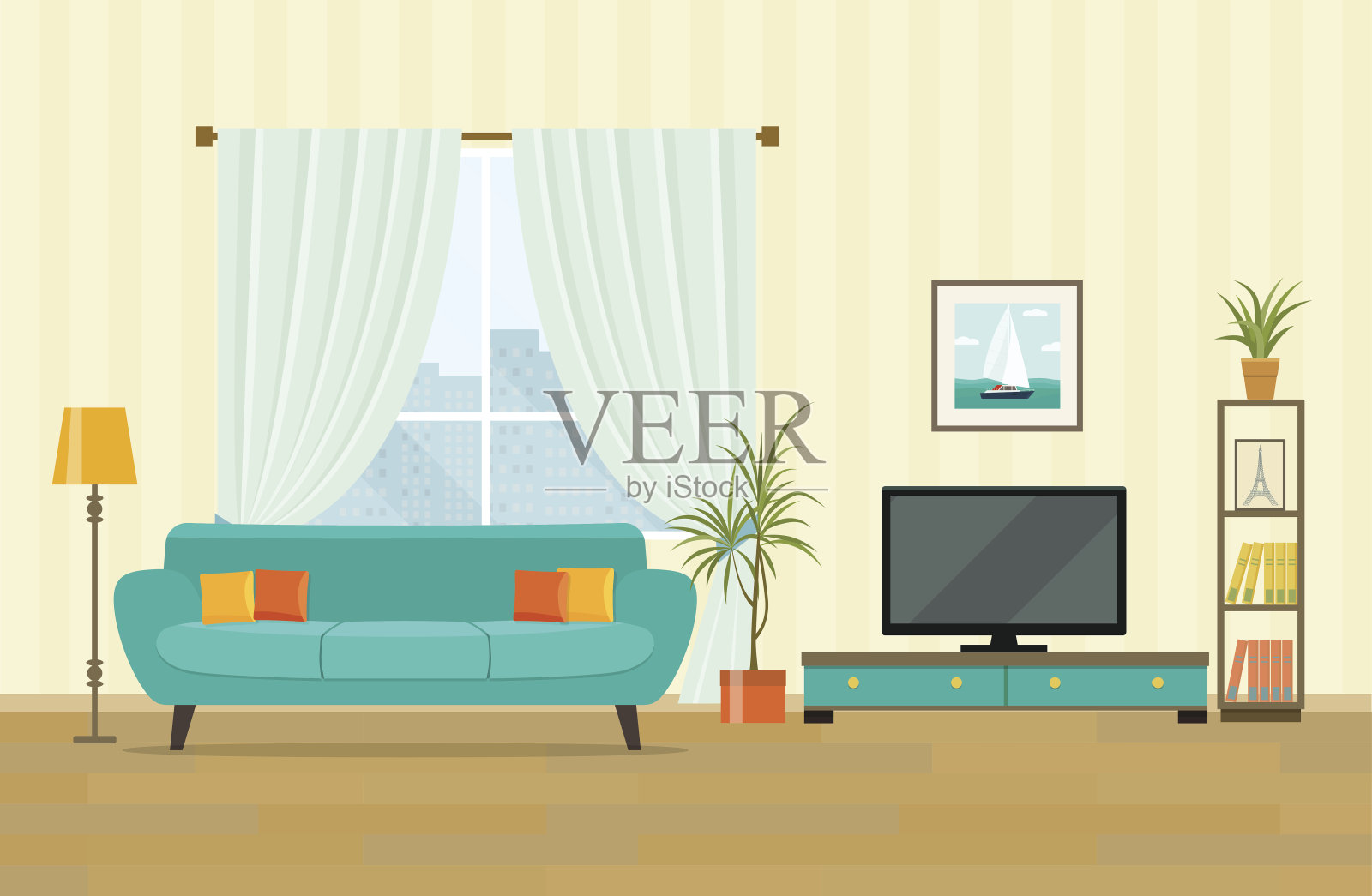 客厅室内设计用家具。平面风格矢量插图插画图片素材
