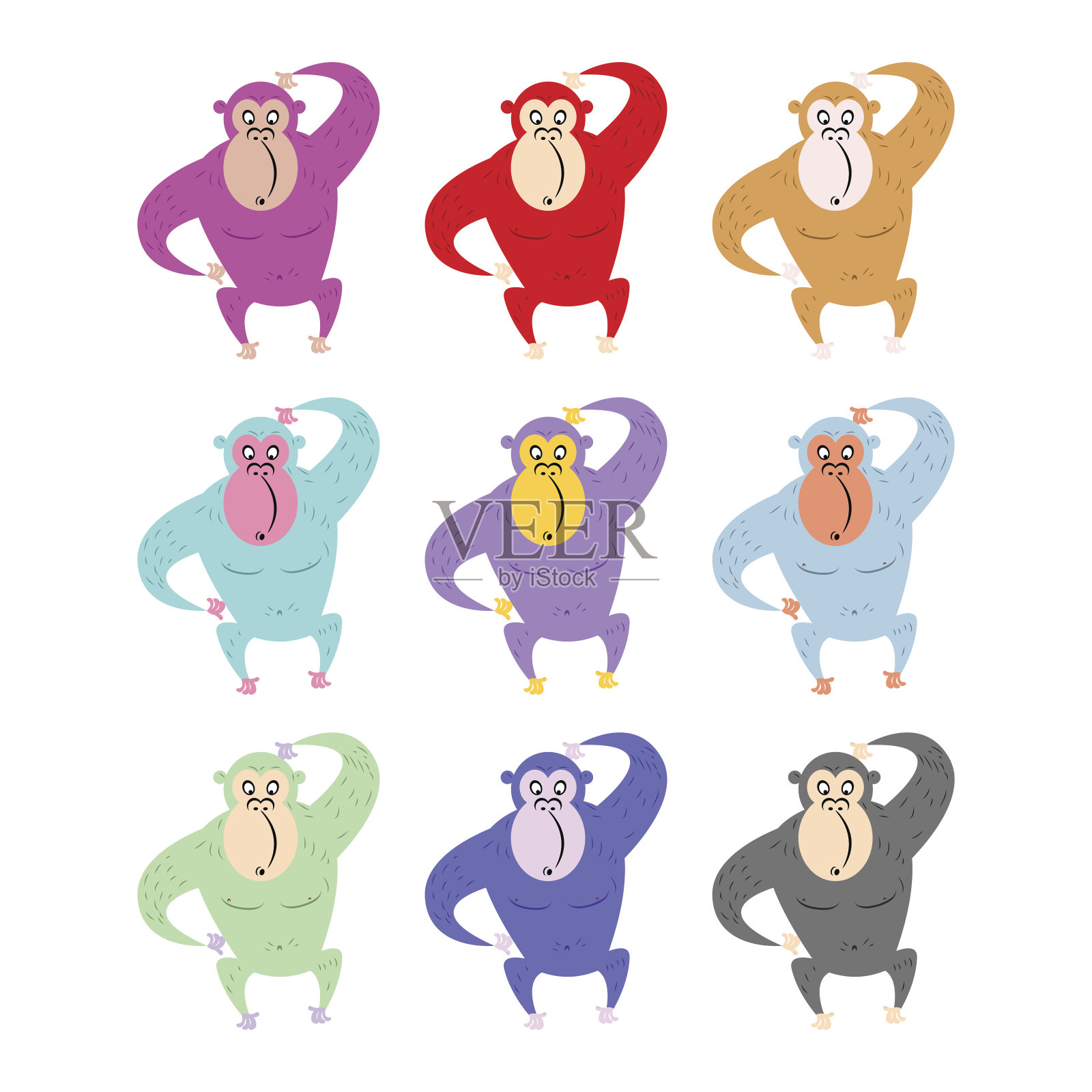 一组彩色猴子。有趣的大猩猩。可爱至上的不同插画图片素材