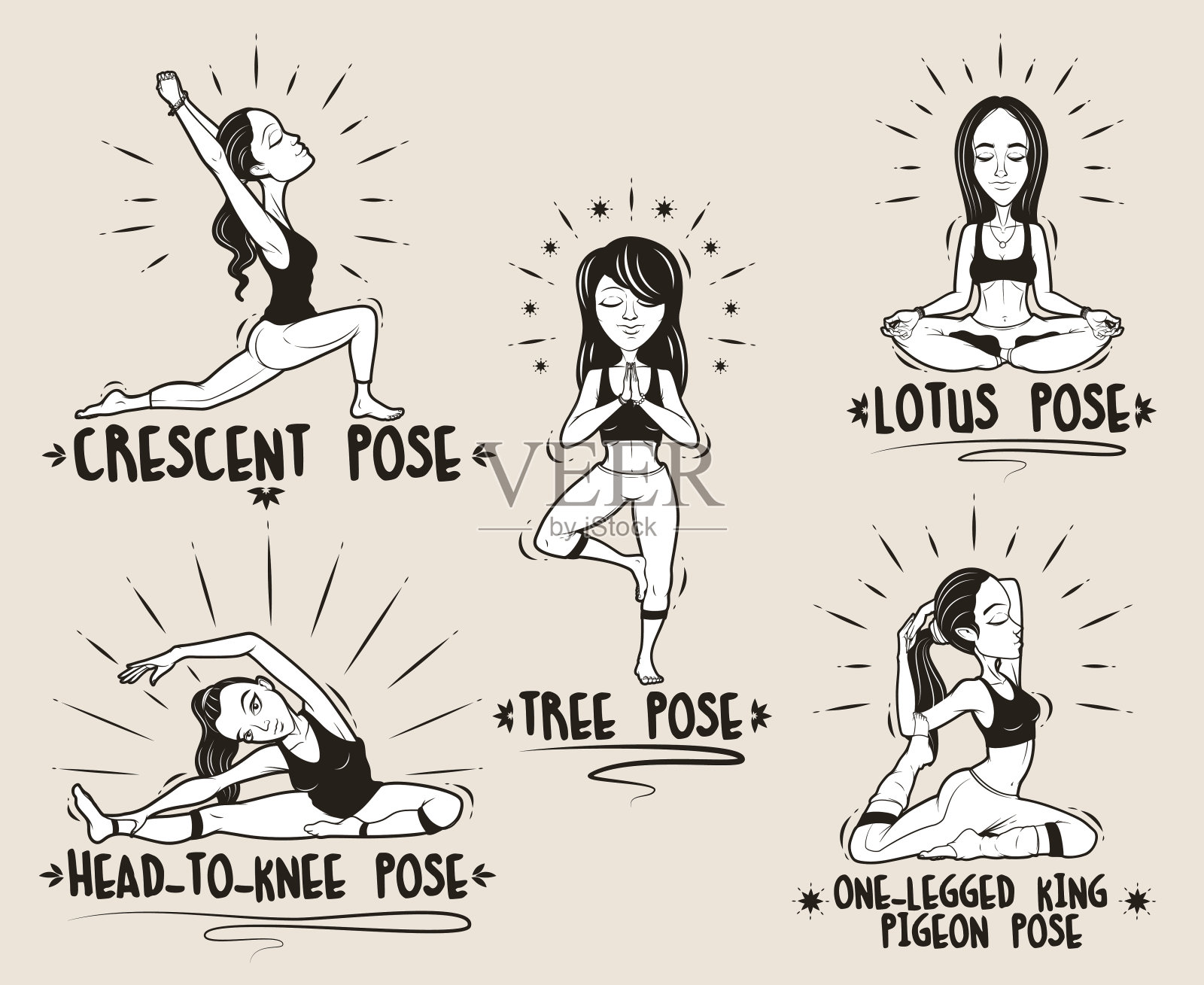 设置五个妇女练习瑜伽的象征插画图片素材