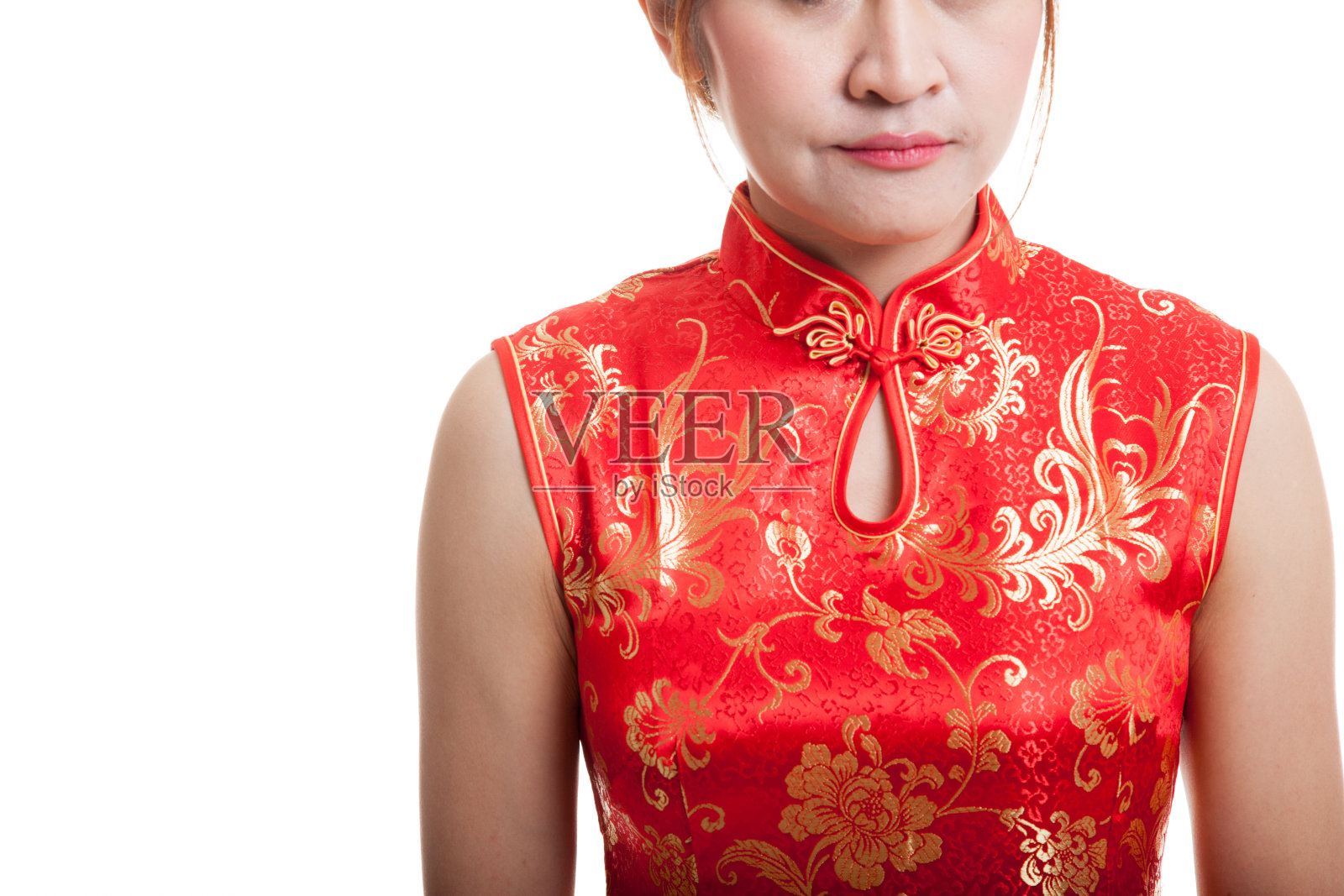 近距离的亚洲女孩在中国旗袍连衣裙。照片摄影图片
