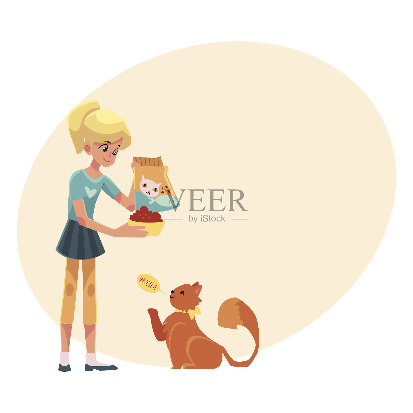 一个十几岁的女孩给她毛茸茸的红猫喂食插画图片素材