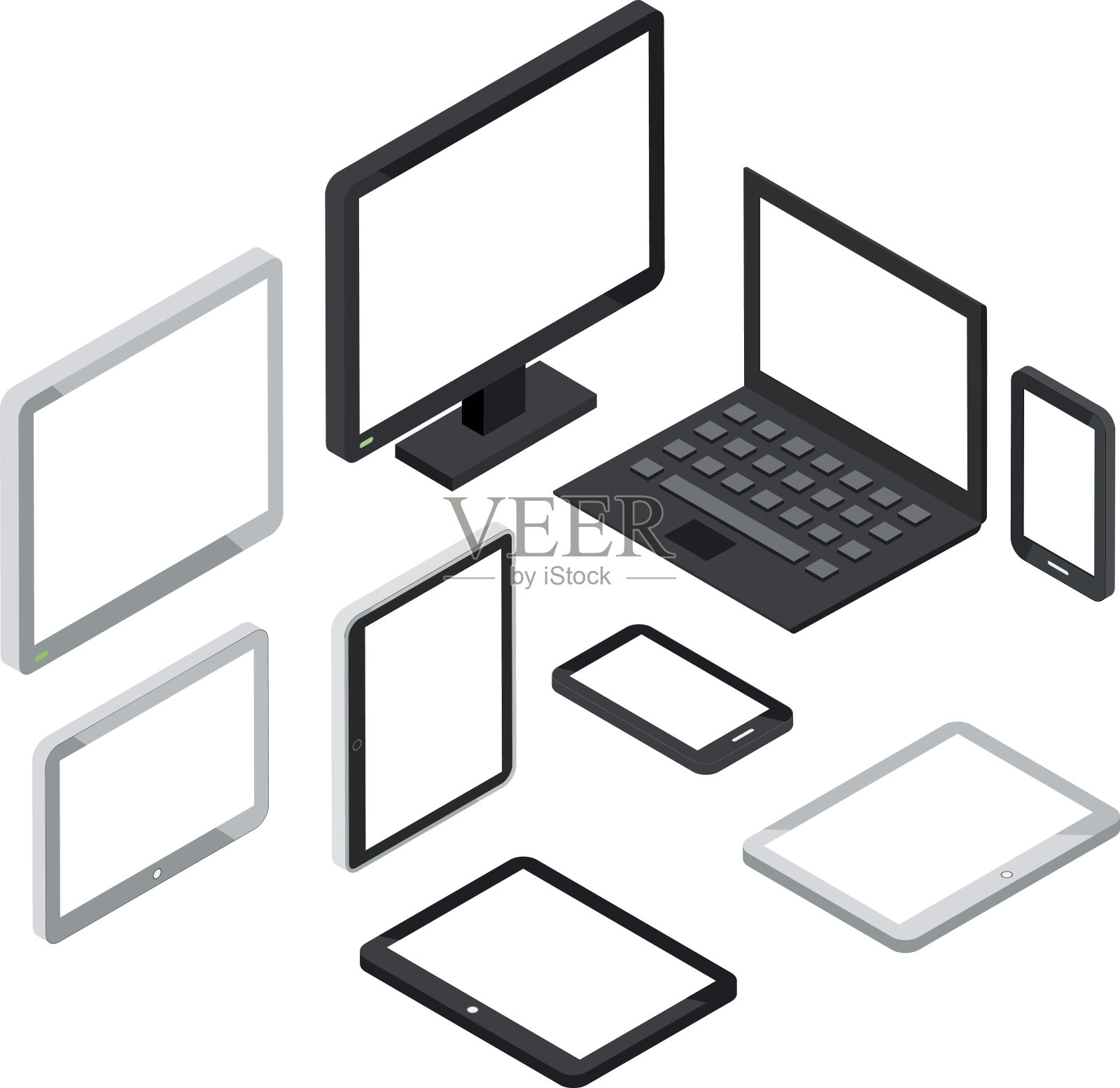 等距3d电脑和笔记本电脑，平板电脑智能手机矢量图标插画图片素材
