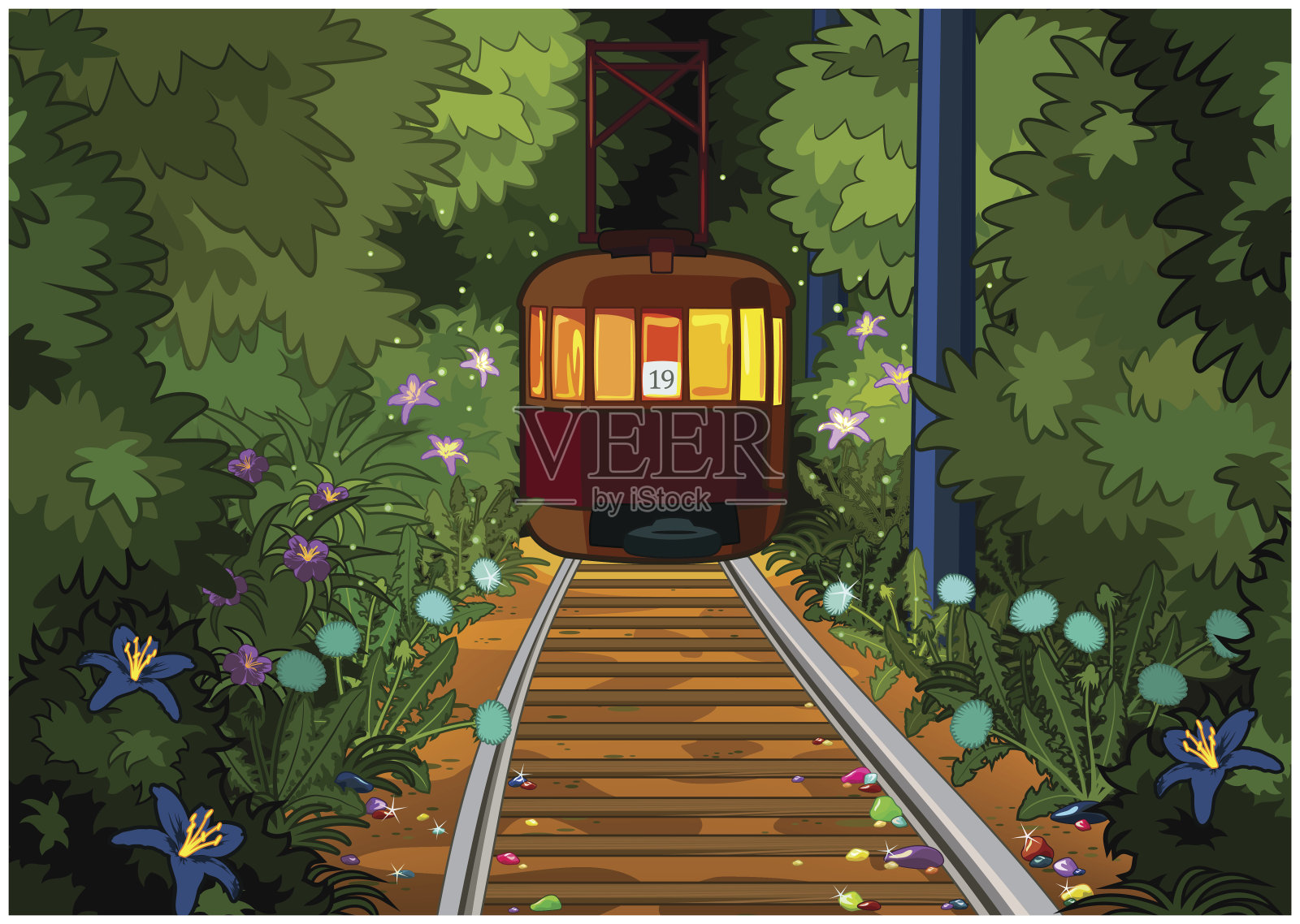 魔法森林里的电车。插画图片素材