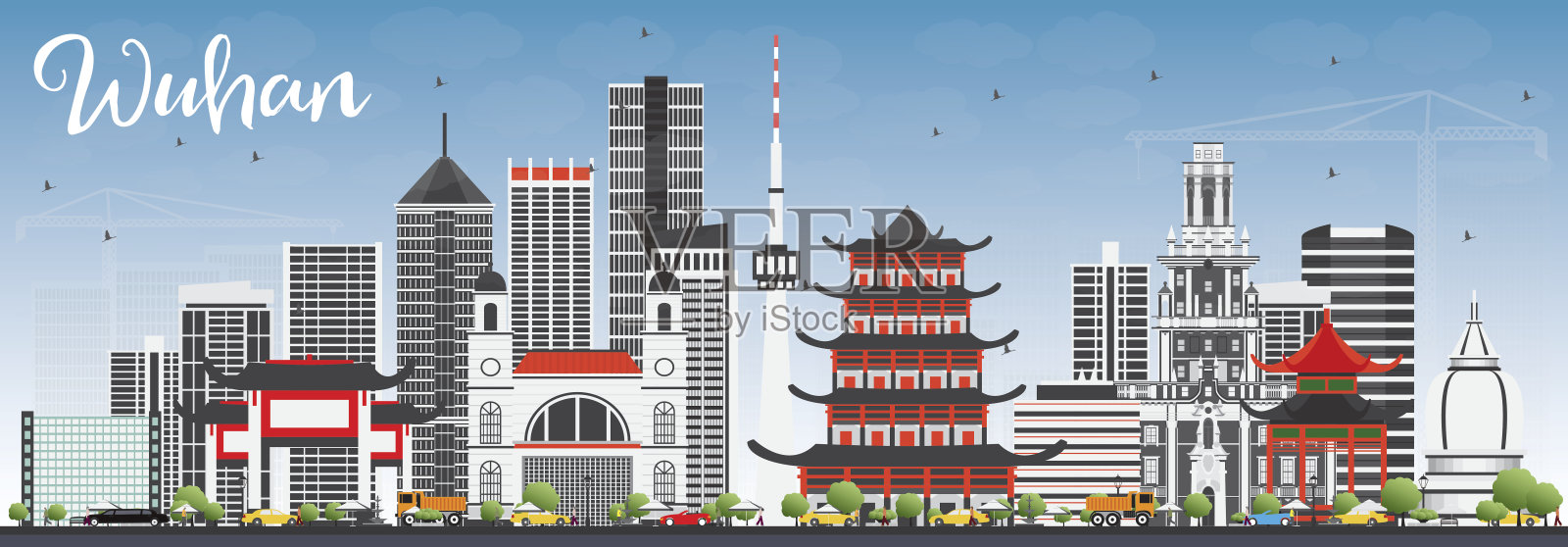 灰色建筑和蓝天的武汉天际线。插画图片素材