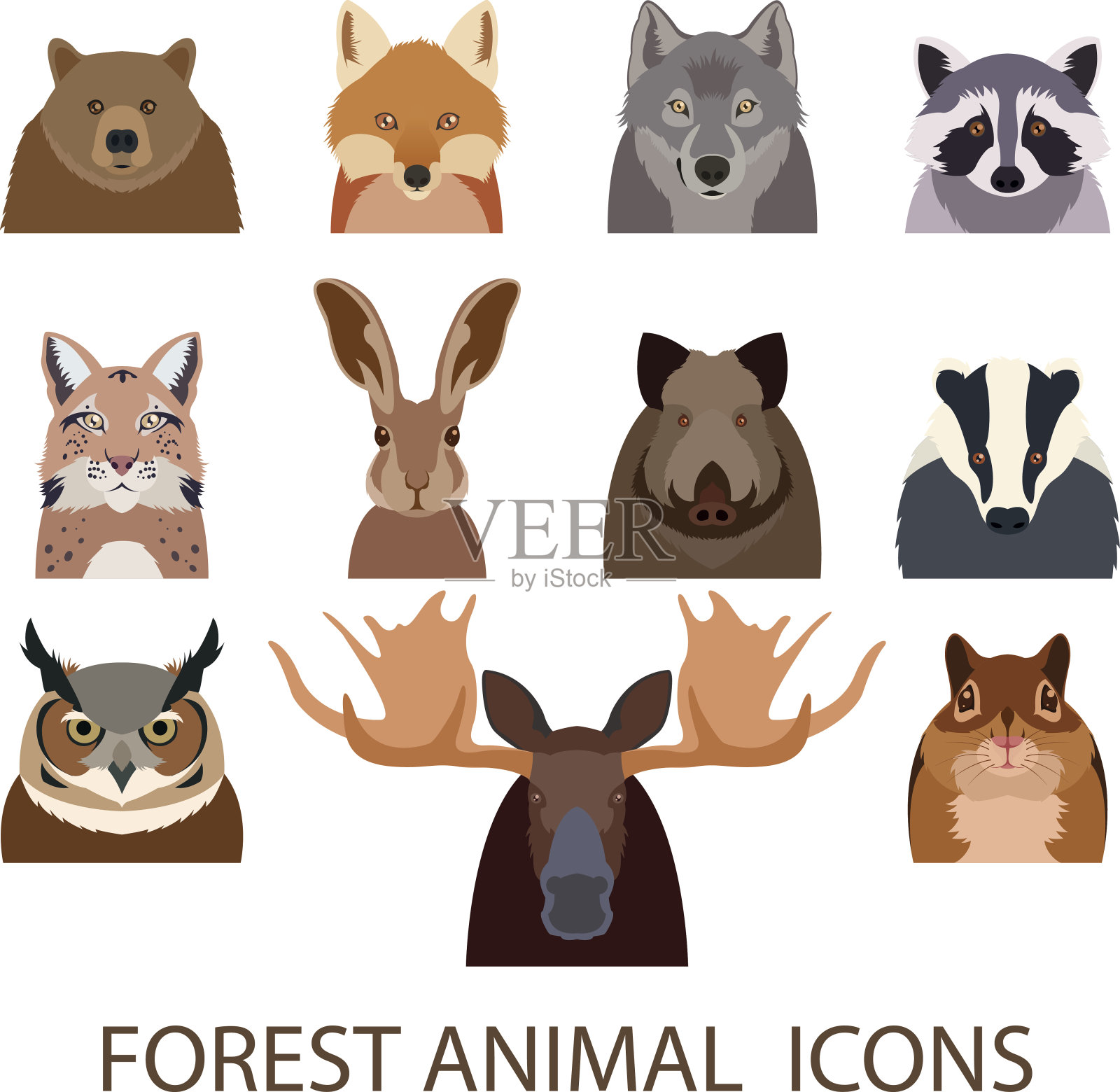森林动物平面图标设计元素图片