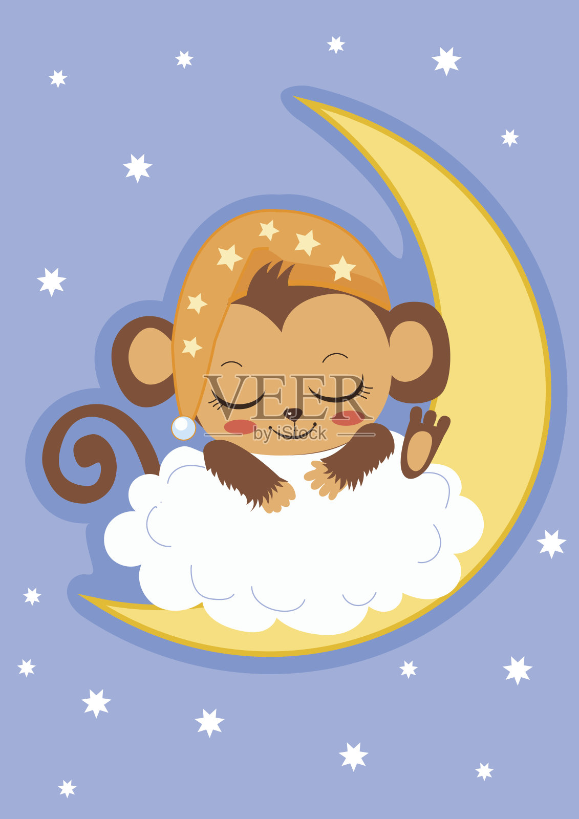 可爱的小猴子正在月亮上睡觉。设计元素图片