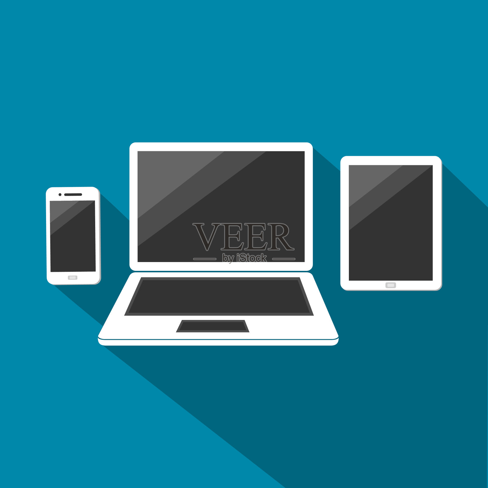 白色智能手机，笔记本电脑和平板电脑与黑屏标志向量插画图片素材