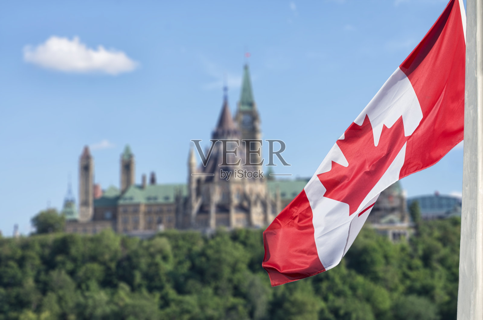 国会大厦、山和图书馆飘扬的加拿大国旗照片摄影图片