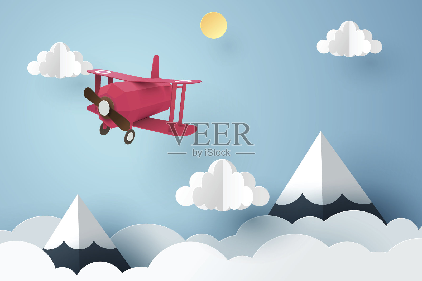 纸艺术的粉红色飞机在天空中飞行，折纸和旅行日的概念插画图片素材