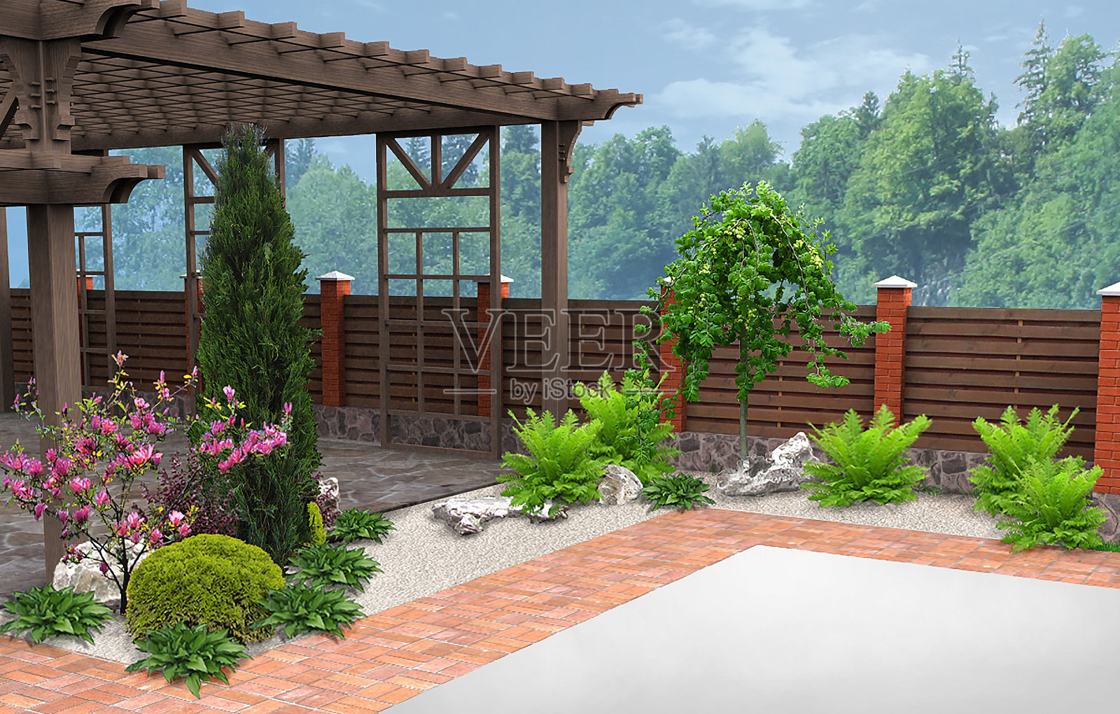 庭院装饰和分组植物的例子，3D渲染照片摄影图片