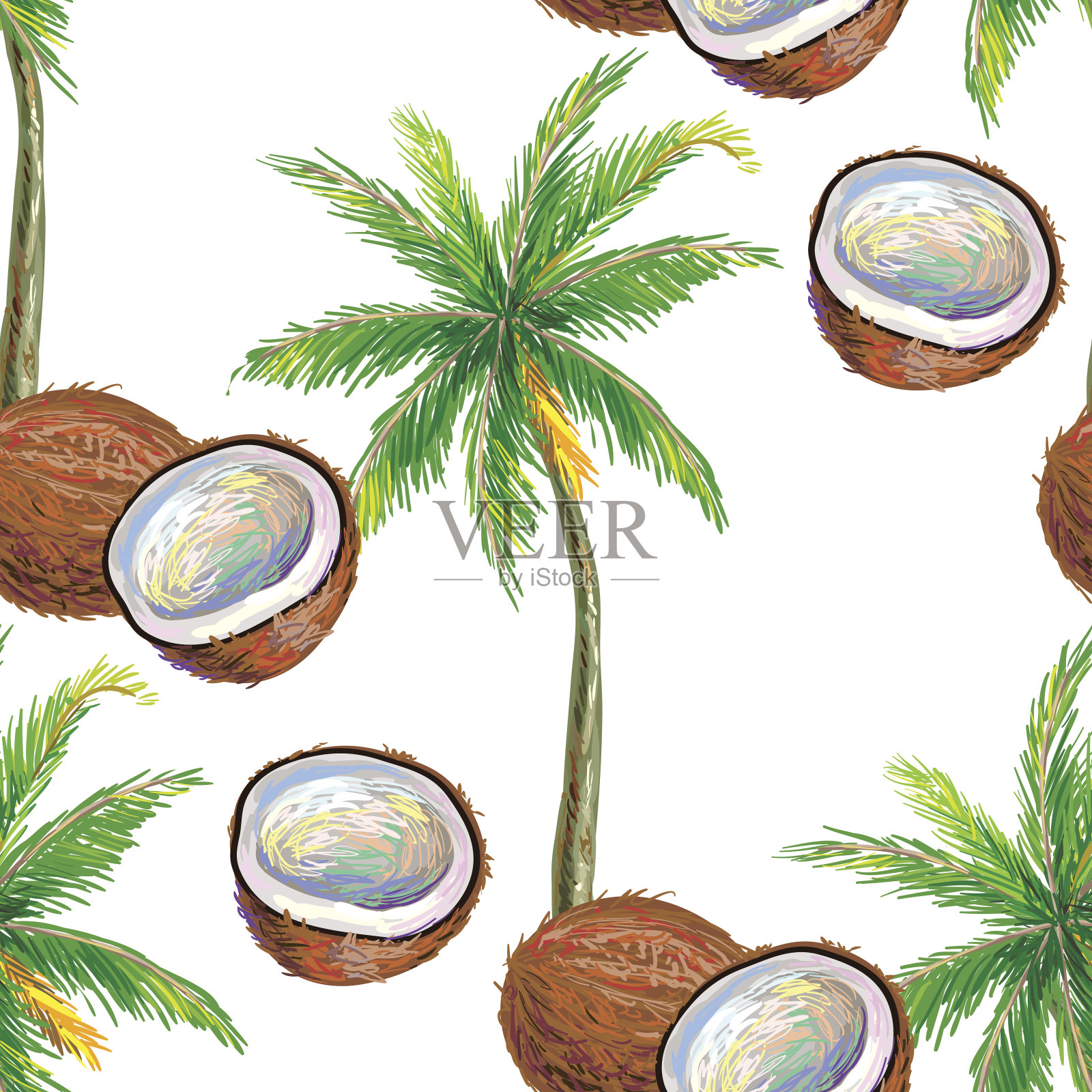 无缝图案与椰子和棕榈树插画图片素材