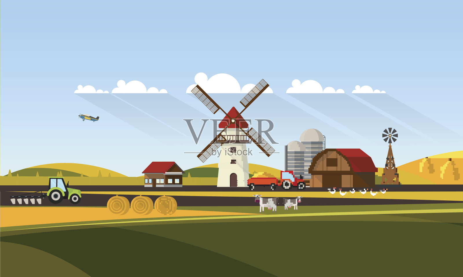 农业乡村景观多彩的平面设计，矢量插图。插画图片素材