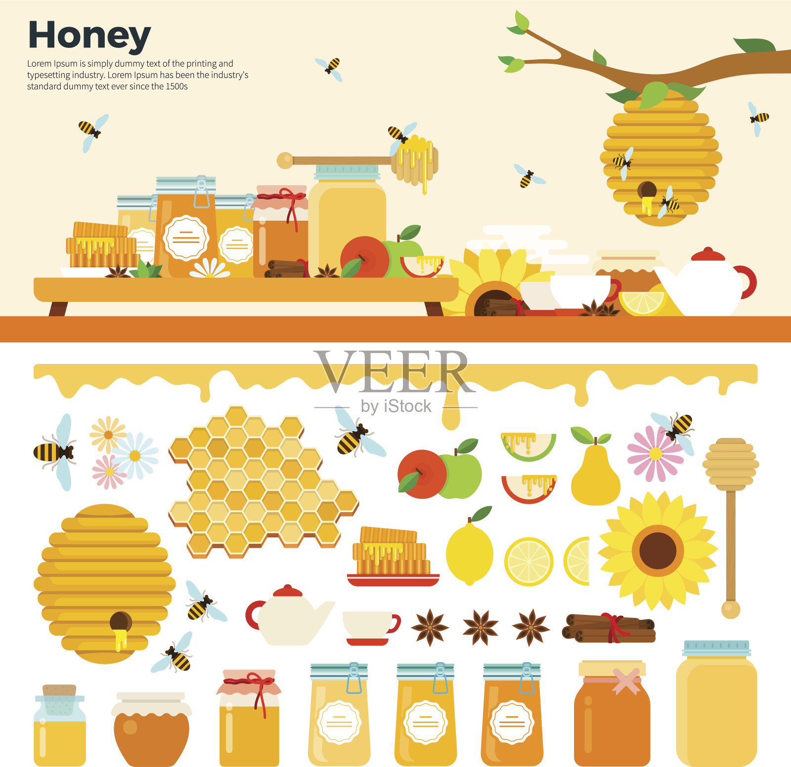 桌上放着蜂蜜制品插画图片素材