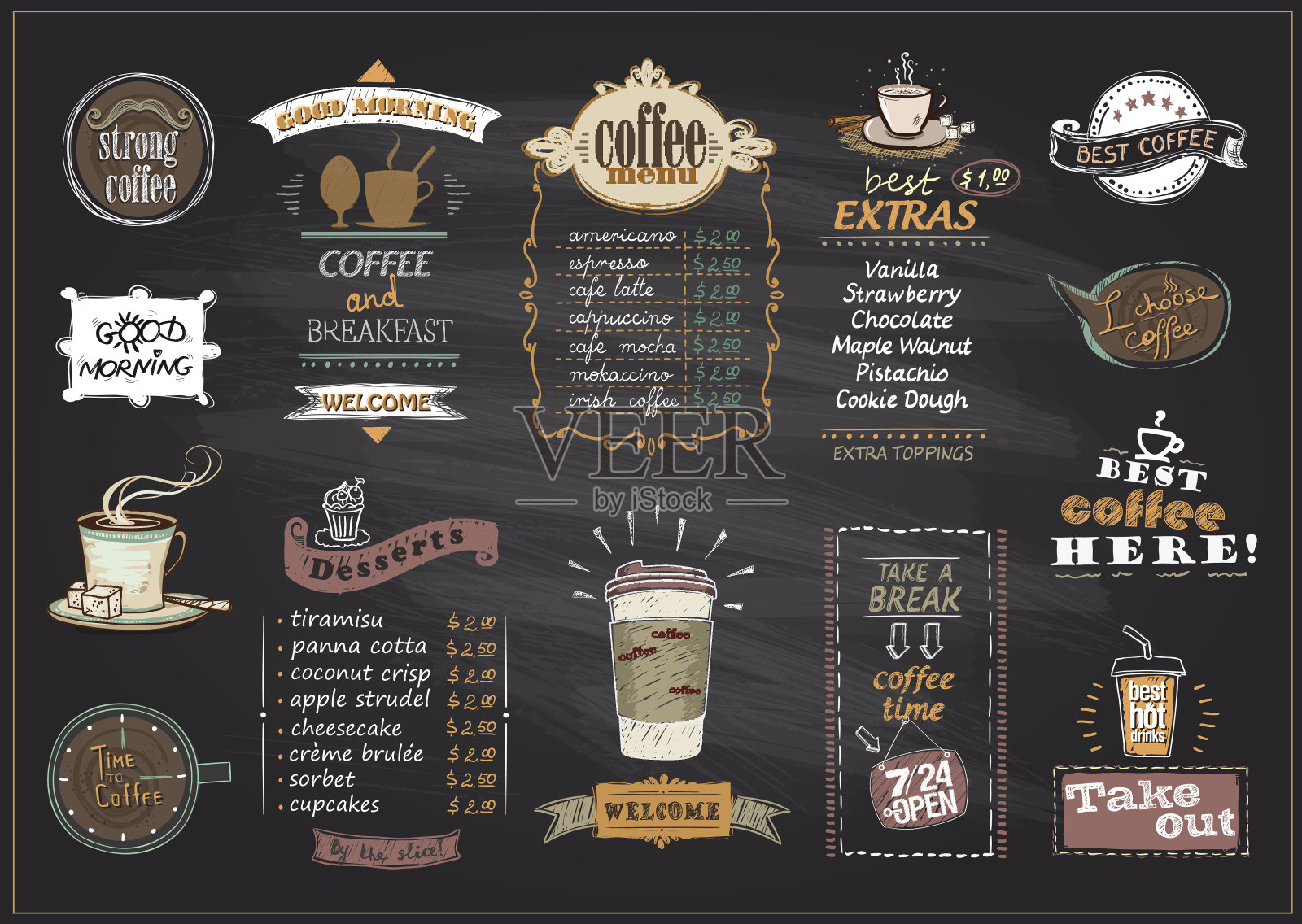 黑板咖啡和甜点菜单列表设计集插画图片素材