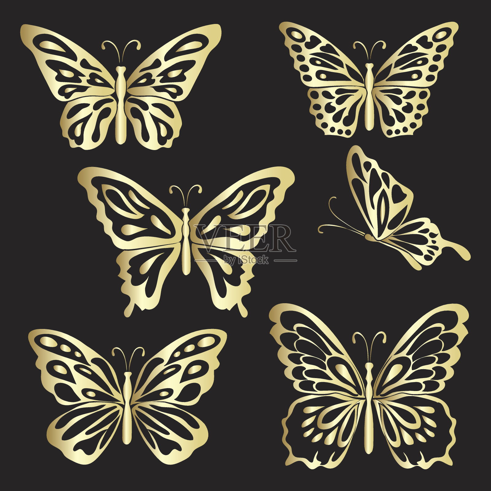 金色花边蝴蝶在黑色的背景设计元素图片