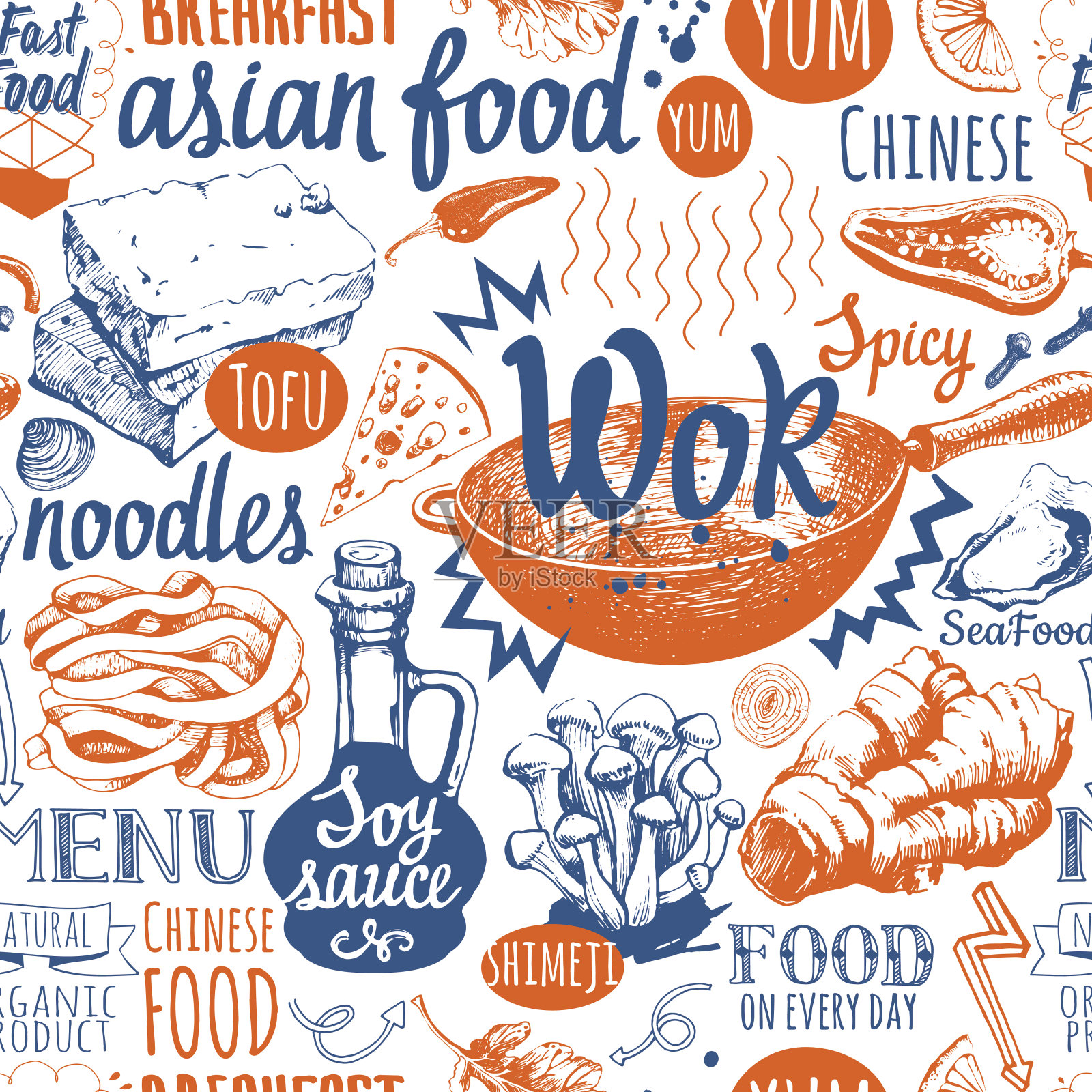 无缝背景与锅食物符号。菜单模式。插画图片素材