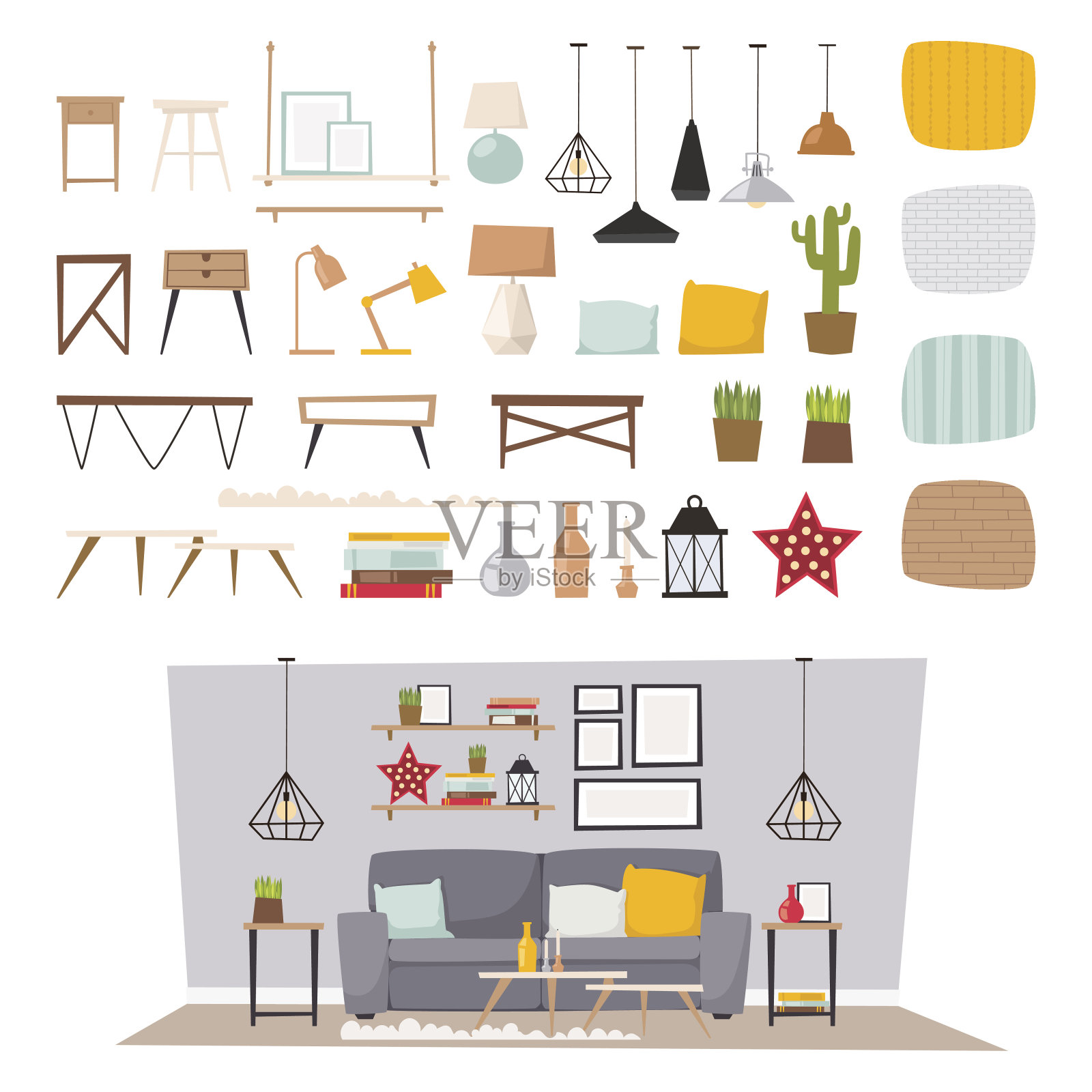 家具室内和家居装饰概念图标设置平面矢量设计元素图片