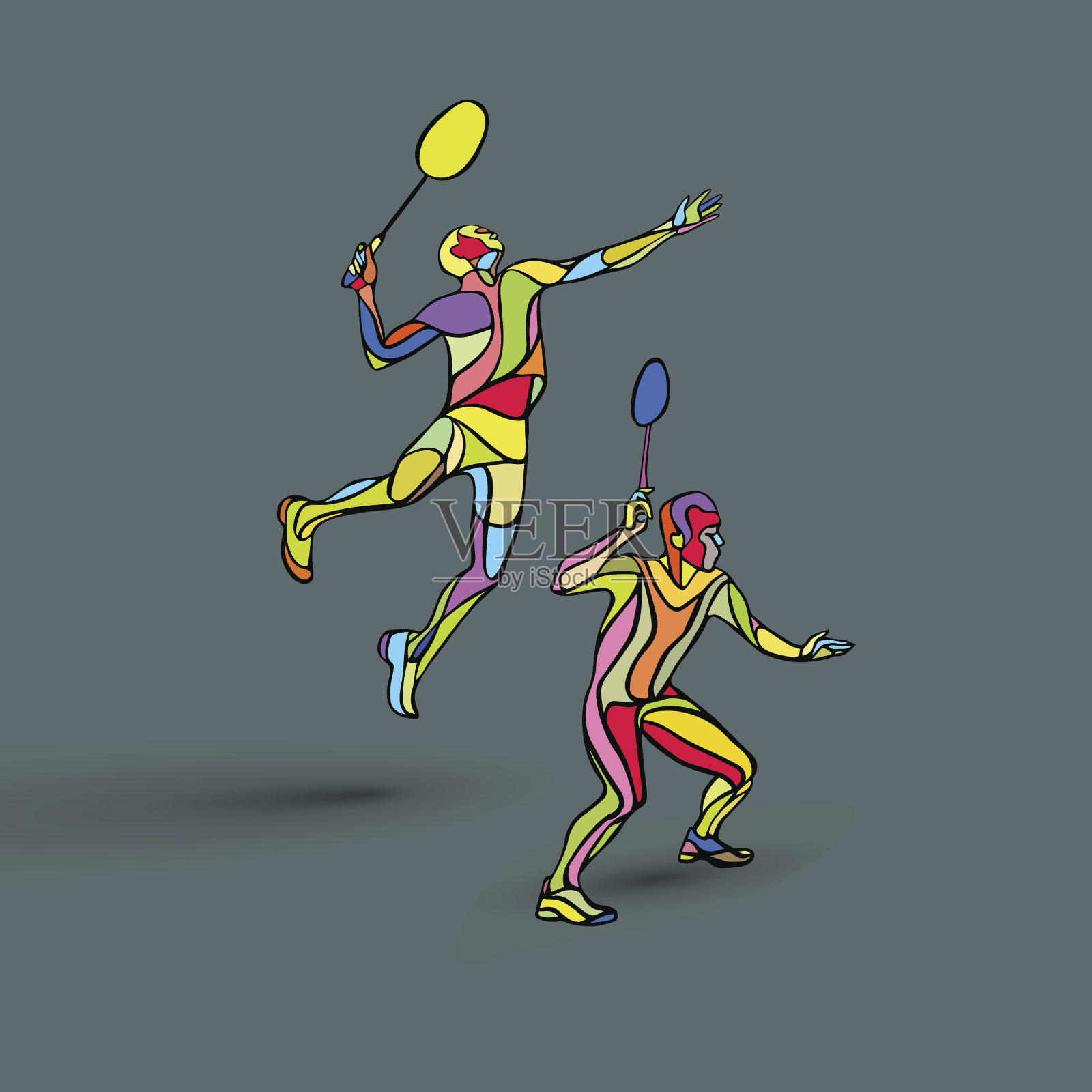 羽毛球男子双打选手。颜色矢量图插画图片素材