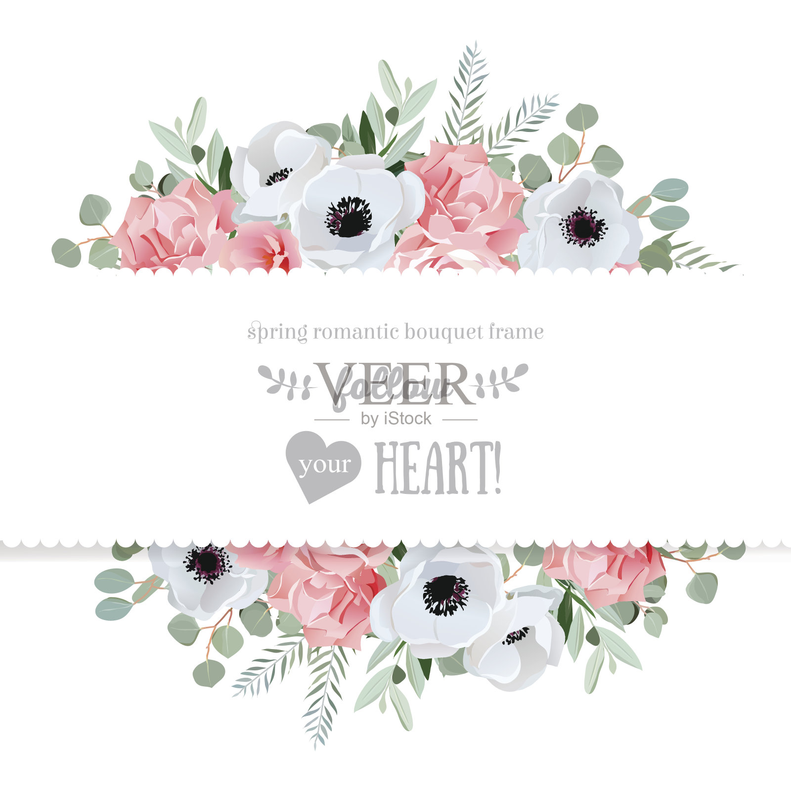 银莲花，玫瑰，粉色花朵向量镜像设计卡。设计模板素材