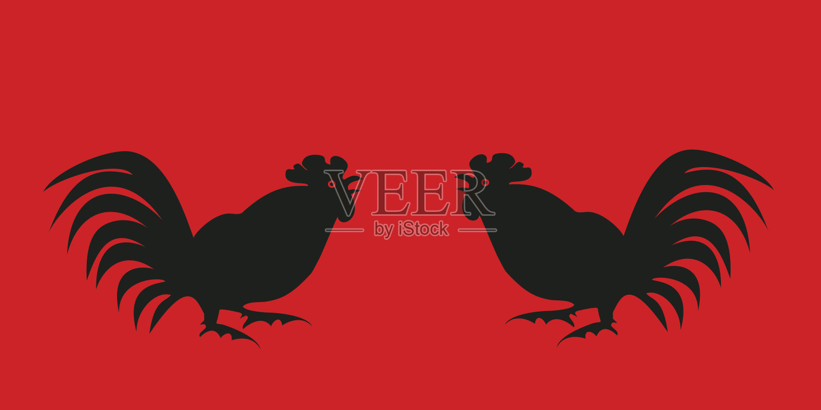 红色背景上是公鸡的黑色剪影插画图片素材