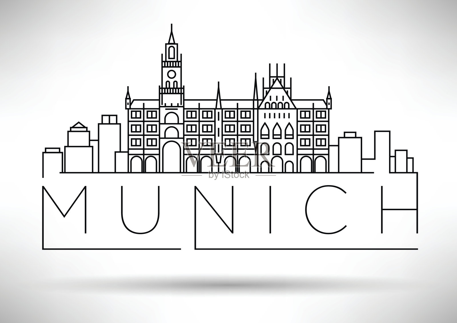 最小化慕尼黑城市线性天际线与排版设计插画图片素材