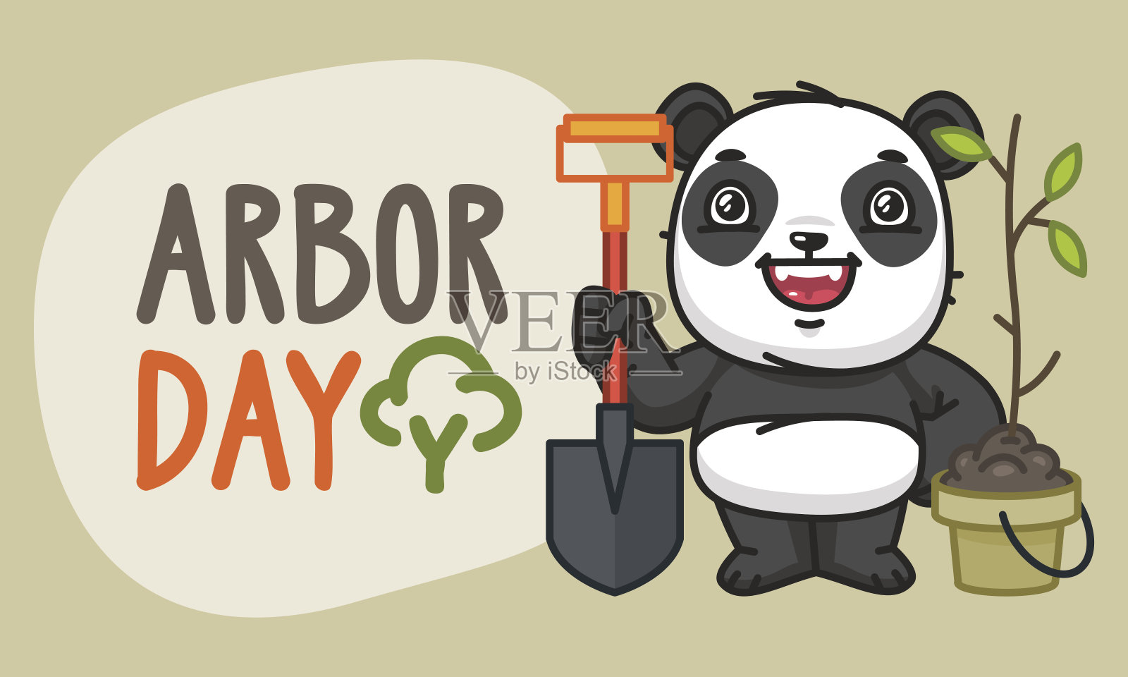 植树节熊猫人物拿着铲子和大笑插画图片素材