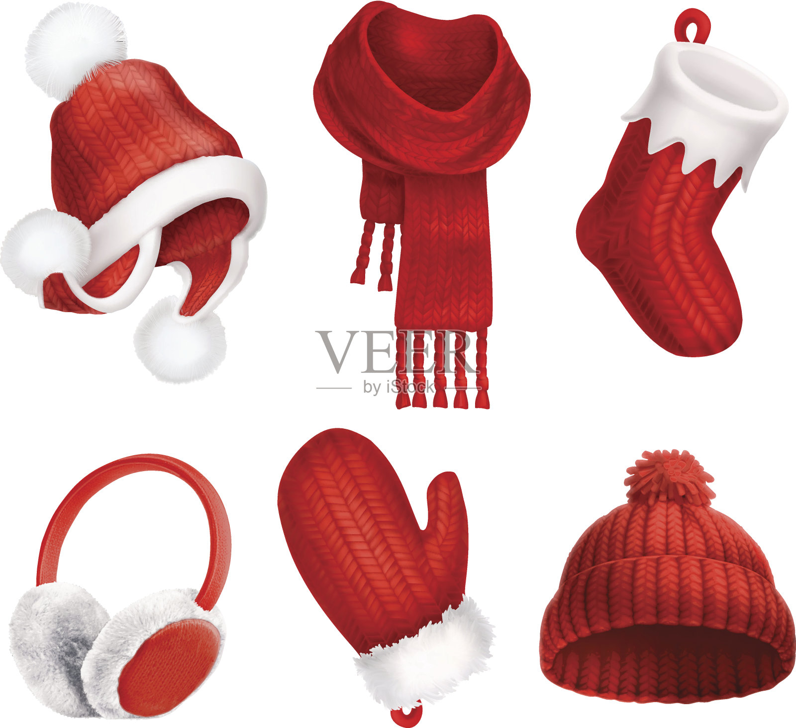 冬天的衣服。针织帽子。圣诞袜子。围巾。连指手套。耳罩设计元素图片