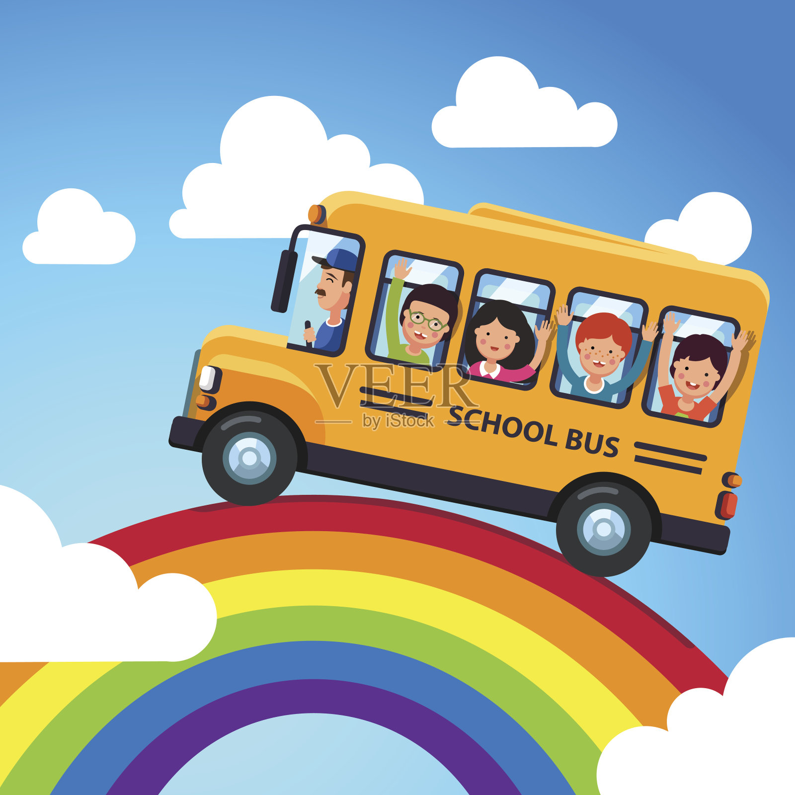 黄色校车，司机和孩子们插画图片素材