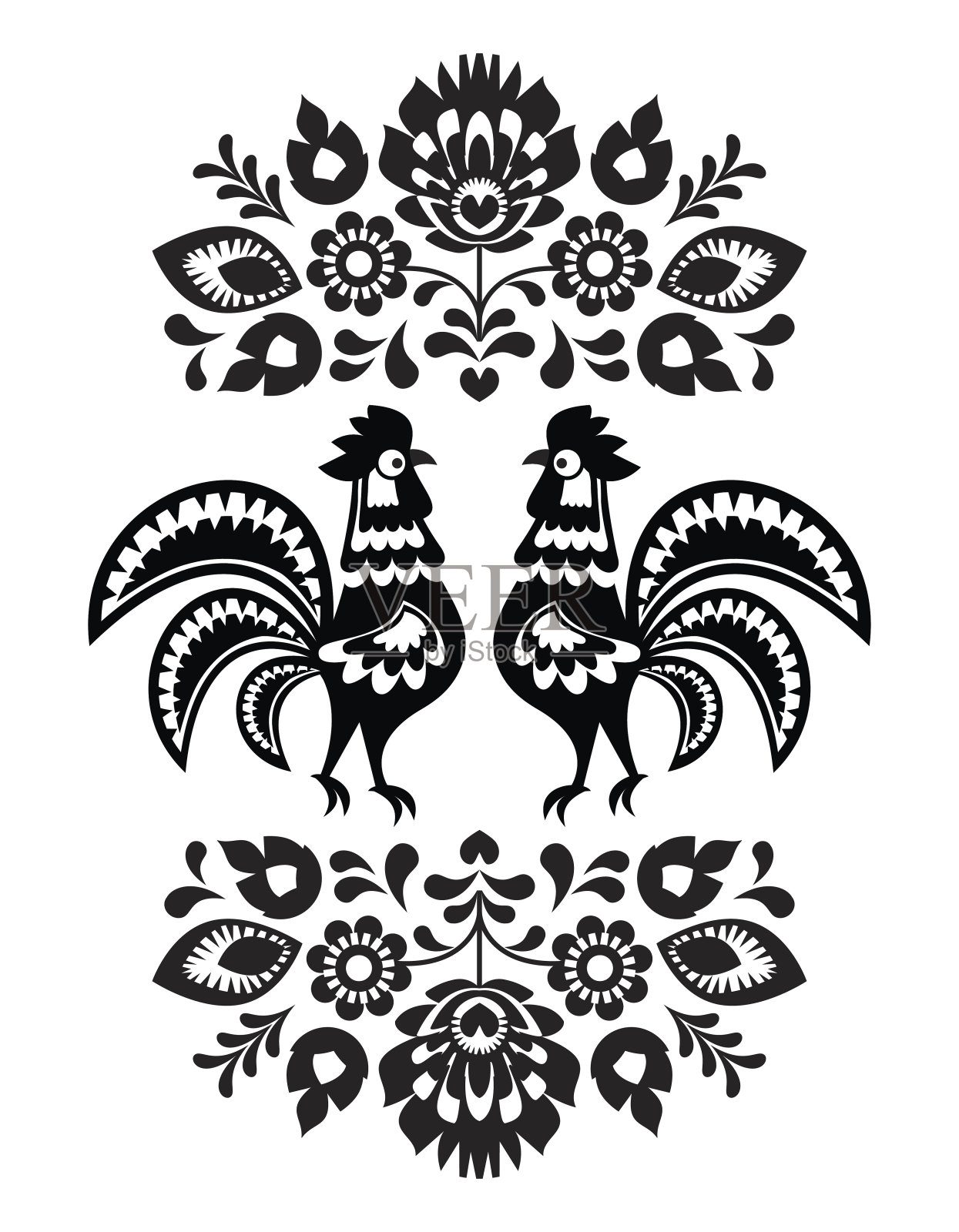 波兰民间艺术刺绣的黑色和白色的公鸡插画图片素材