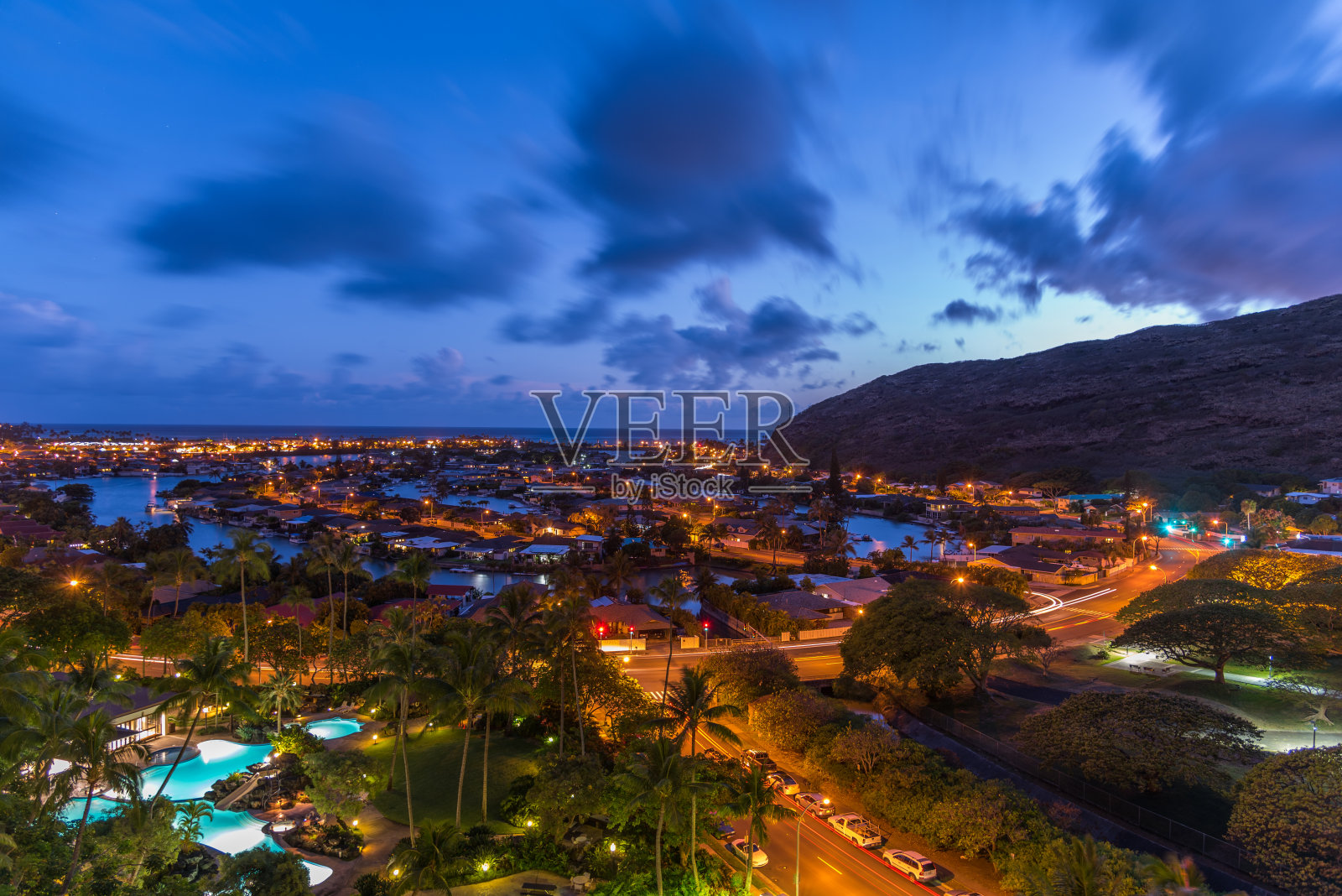黄昏在夏威夷瓦胡岛凯码头，夏威夷照片摄影图片