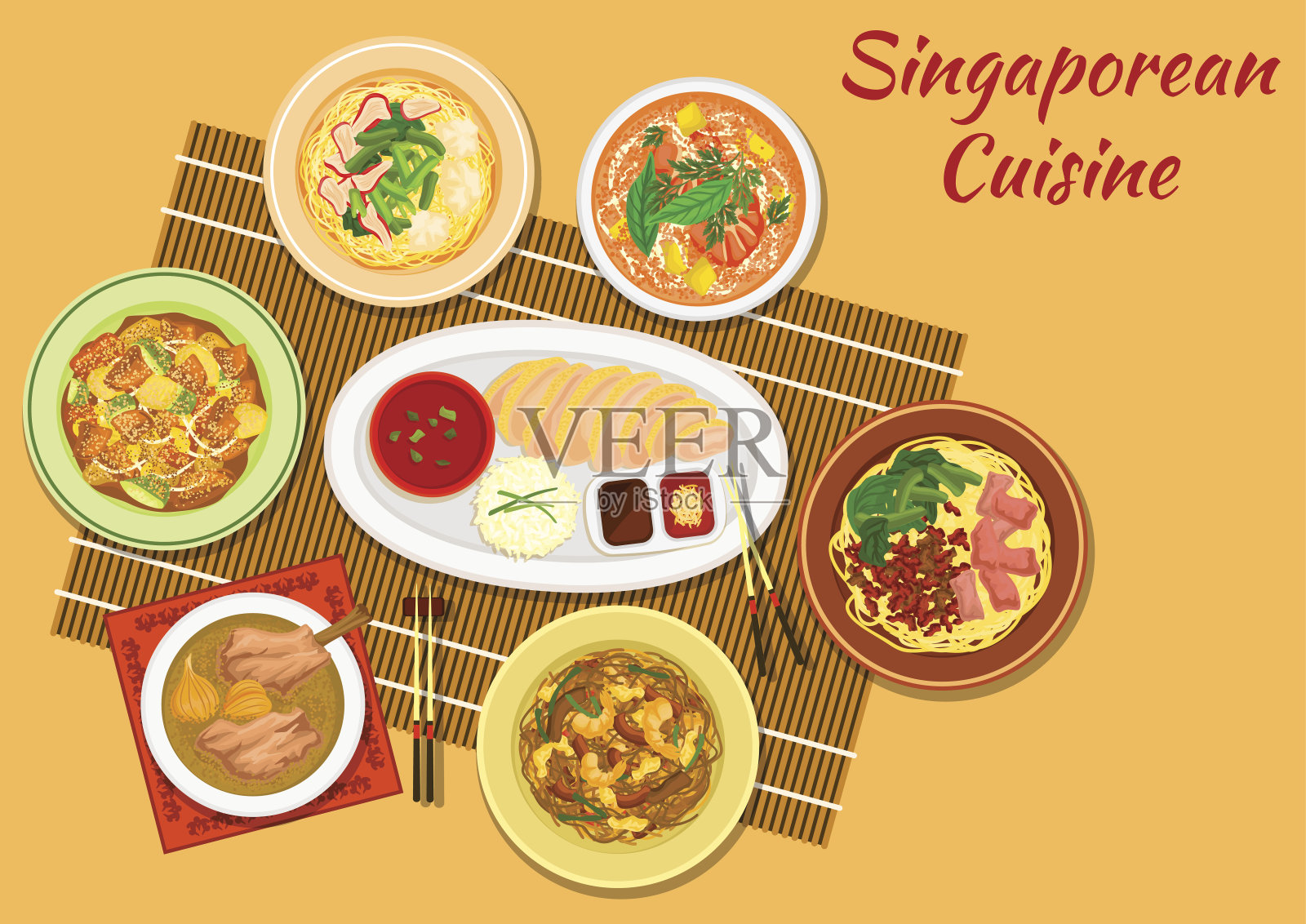 新加坡菜受欢迎的晚餐菜肴图标插画图片素材