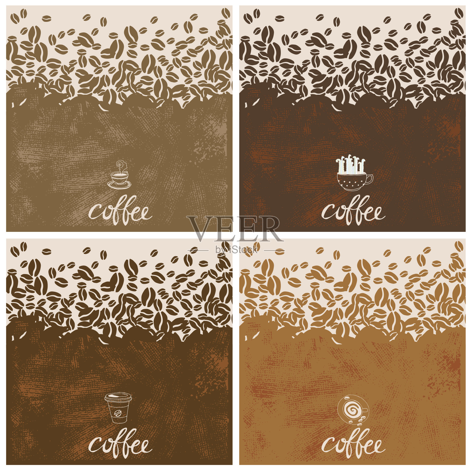 手绘咖啡插图。类型与咖啡对象和纹理。插画图片素材