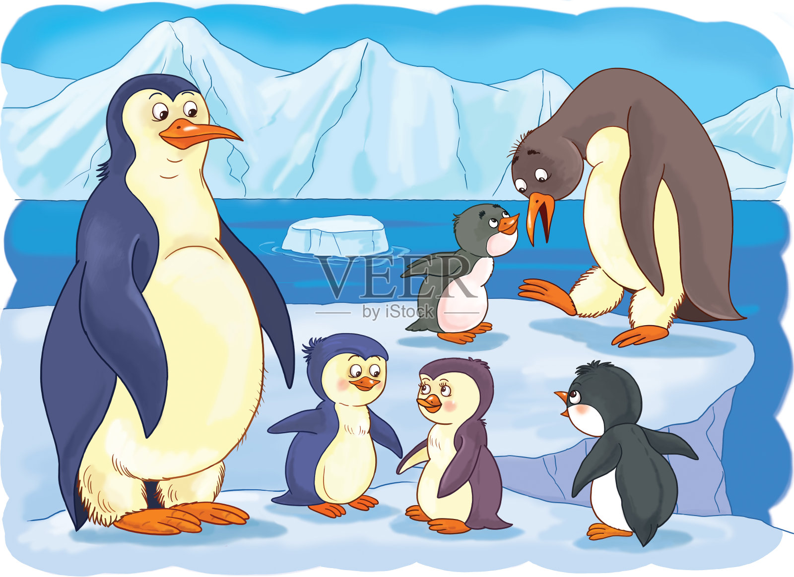 在动物园里。北极的动物。企鹅的家庭。对儿童插图。着色页面插画图片素材
