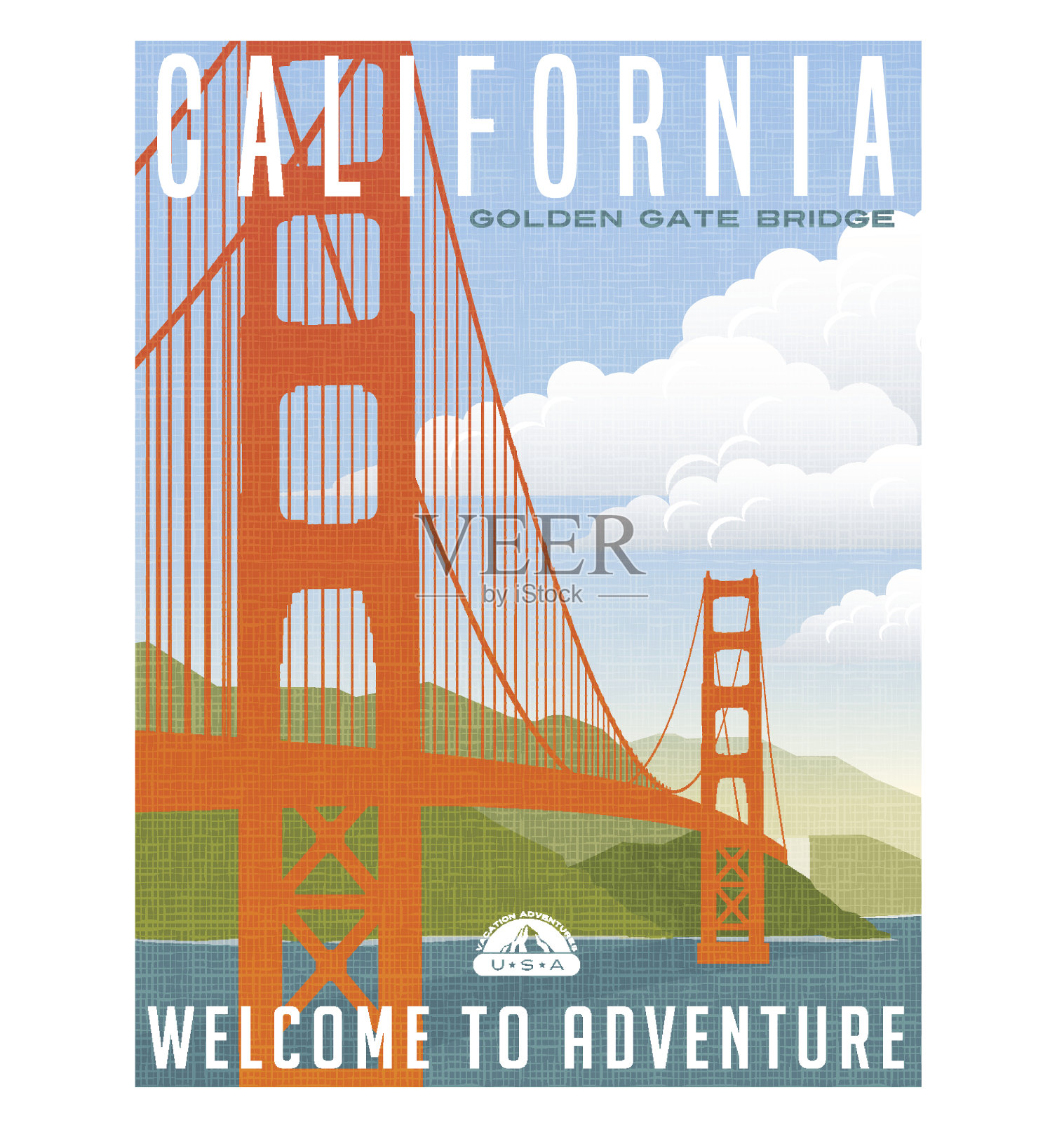 加州旅游海报。矢量插图的金门大桥。设计模板素材
