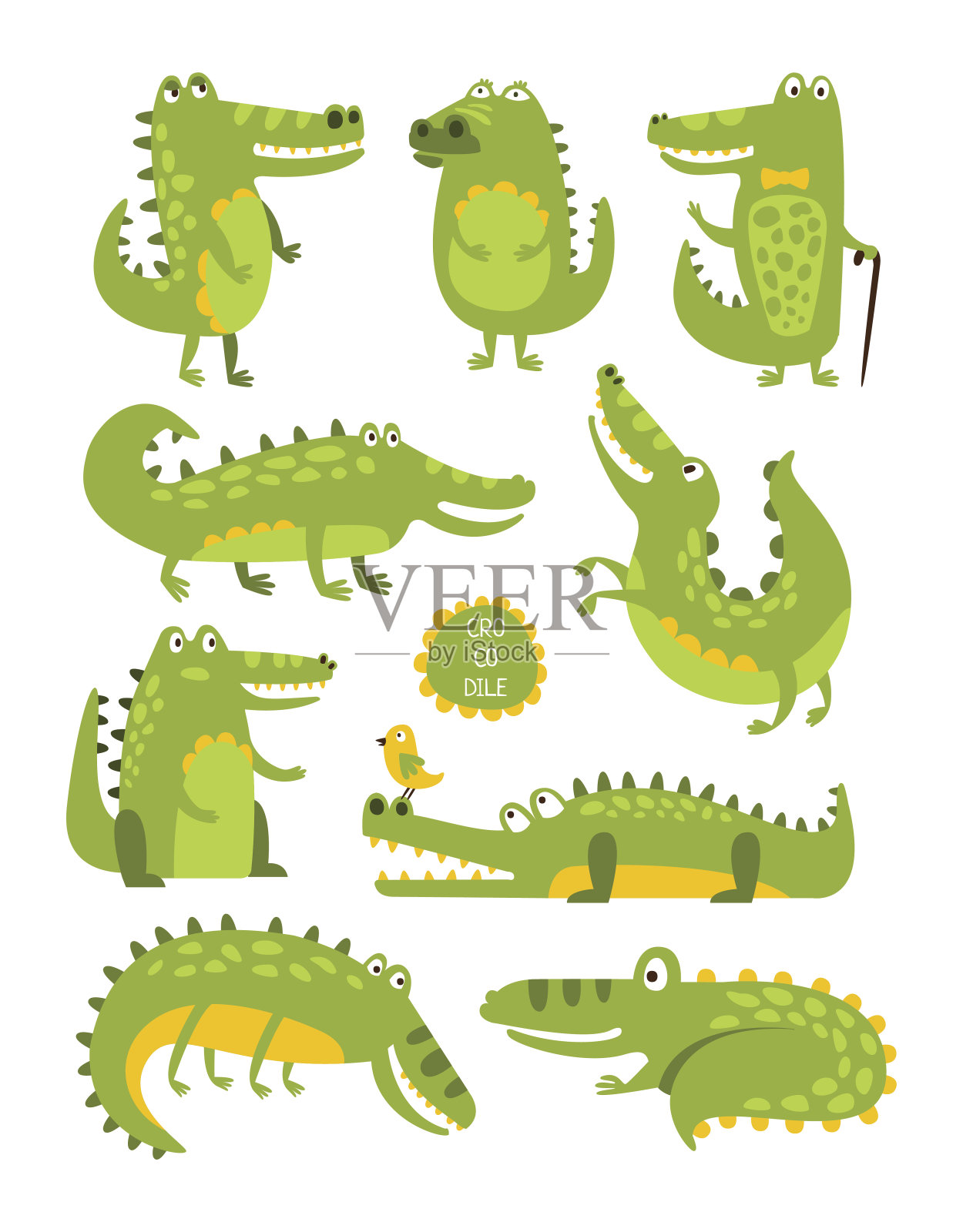 鳄鱼可爱的角色在不同的姿势，幼稚的贴纸插画图片素材