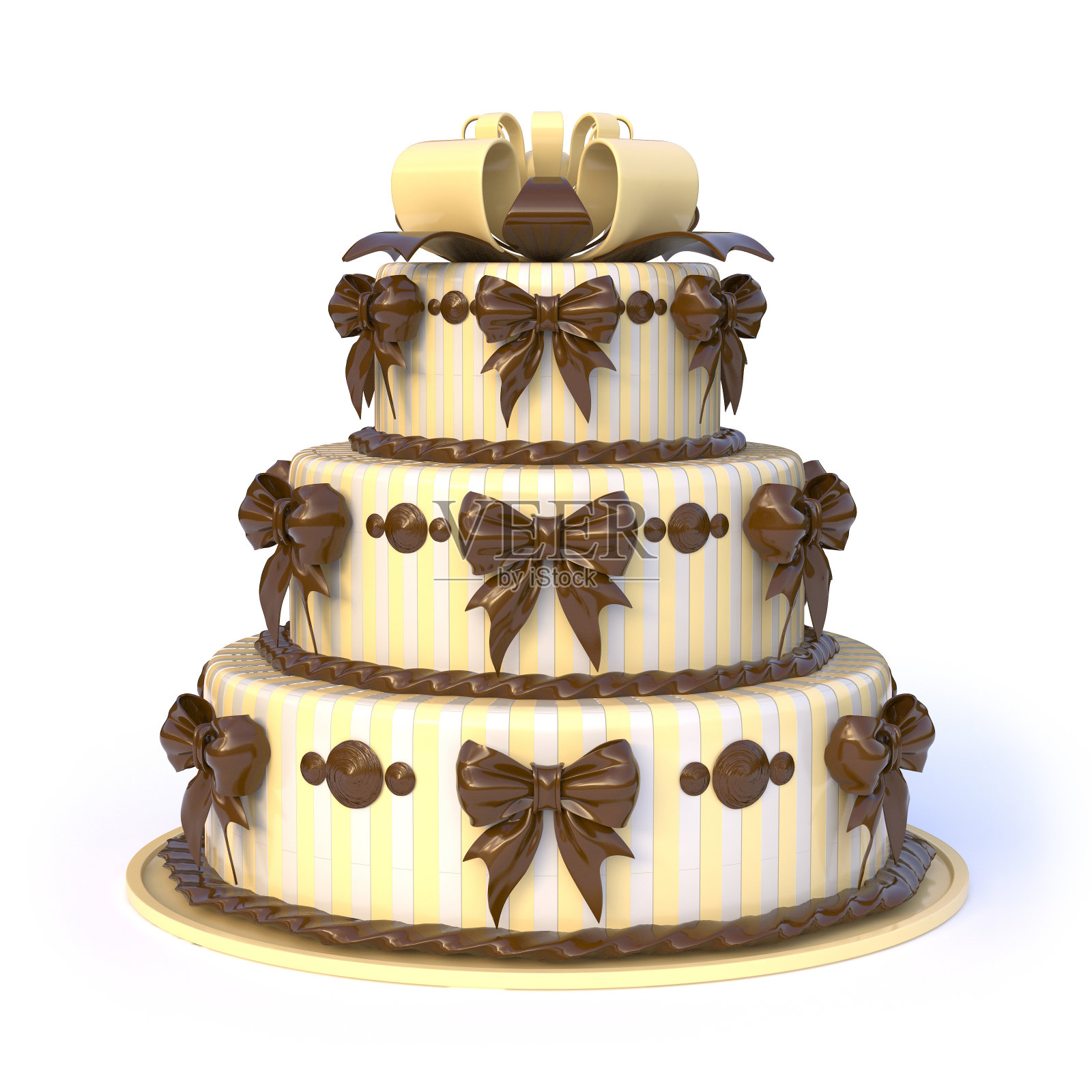 三层楼的黄色蛋糕，带着丝带蝴蝶结。3 d设计元素图片