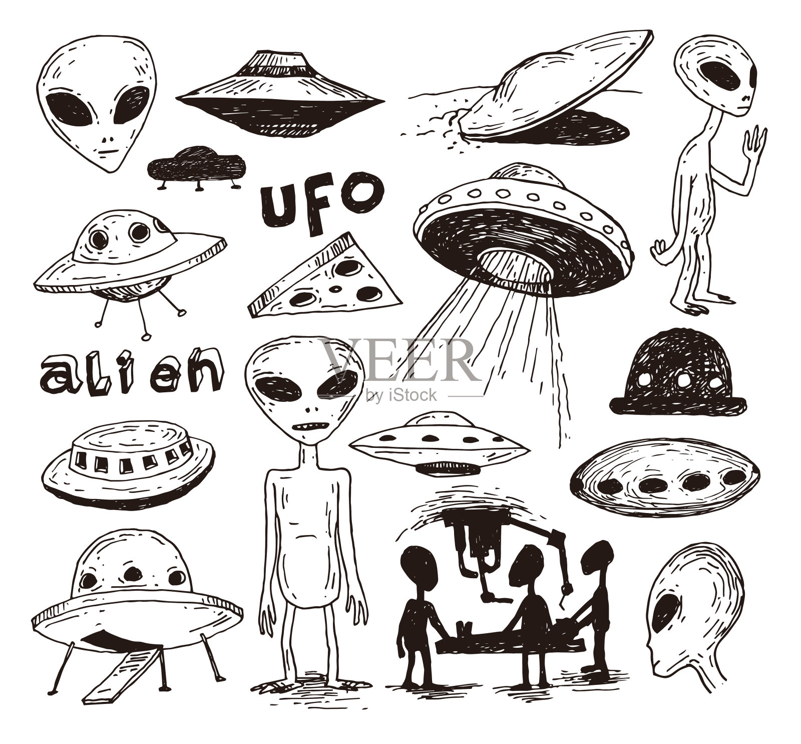 一套外星人和ufo图标，手绘矢量插图。插画图片素材