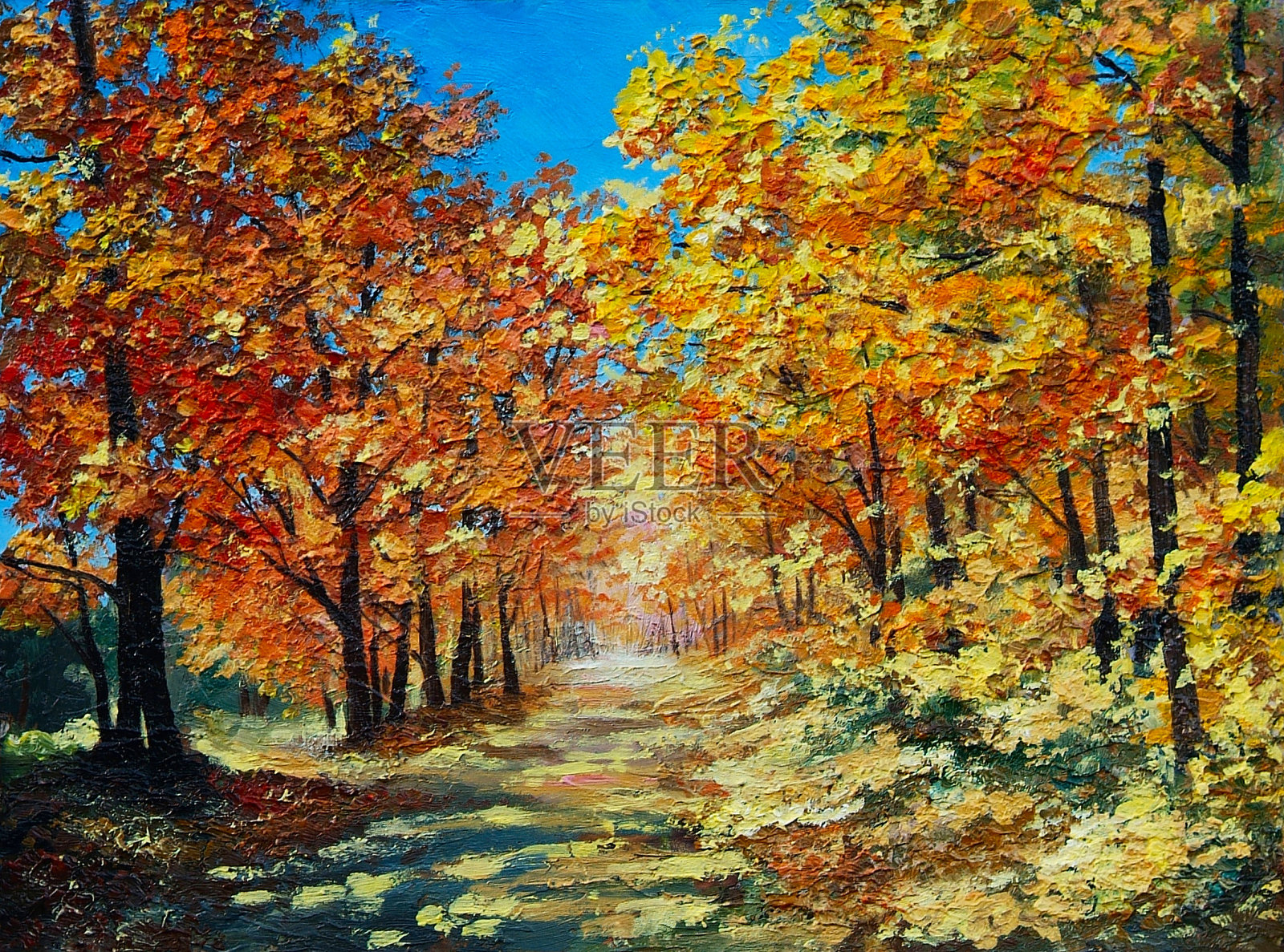 油画风景-秋林，亮红色的树叶，蓝色的插画图片素材
